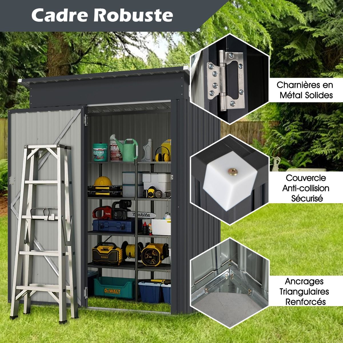 Abri de Rangement Toutes Saisons Abri à Outils Utilitaire avec Toit en Pente Porte Ouvrante Aérations Cadre en Métal Galvanisé Gris