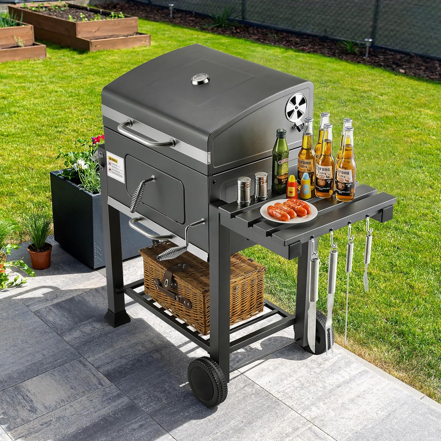 Barbecue Charbon de Bois XL, Chariot à Barbecue, Grill XL à Charbon avec Couvercle, Roues et Thermomètre, Réglable en Hauteur, Grand Barbecue au Charbon de Bois, pour Camping et Jardin, Noir