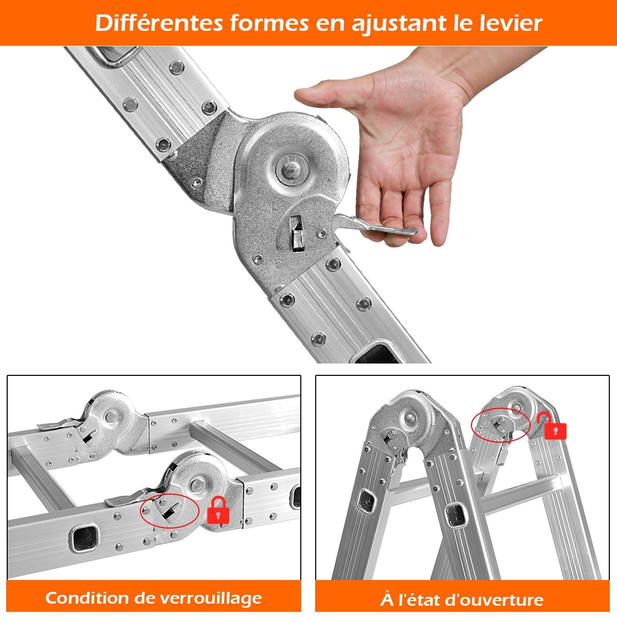 Échelle Polyvalente 5 en 1 avec 2 Montants 4 Plis 15 Echelons Pliable et Multifonction Capacité 150kg en Aluminium