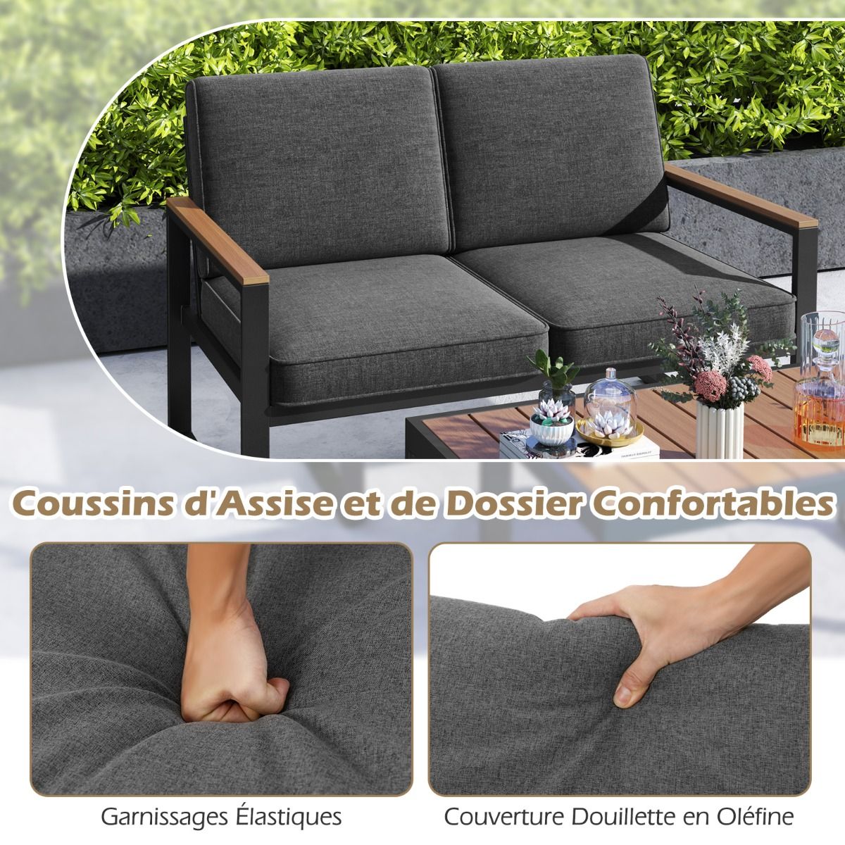 Salon de Jardin 2 Pièces avec Table Basse Causeuse Ensemble de Meubles d'Extérieur en Aluminium avec Accoudoirs Gris