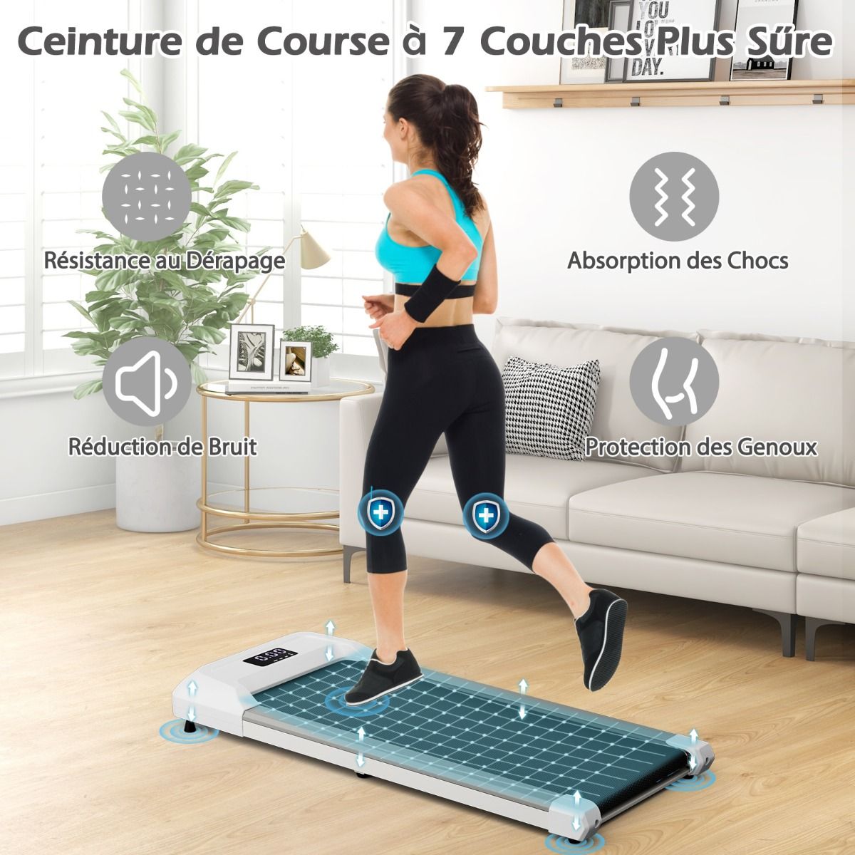 Tapis de Course Mince Tapis de Jogging avec Capacité de 120 Kg Télécommande et Écran Led Inclinable à Roulettes Tapis de Course à Glisser Gris/Noir/Rose