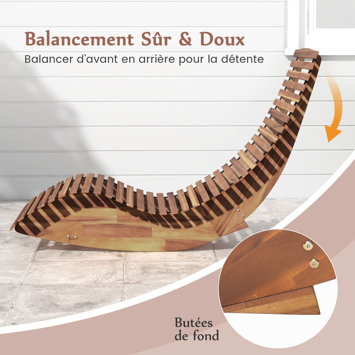 Lot de 2 Chaises Longue à Bascule en Bois d'Acacia Conception à Lattes Butées de Fond Charge Max 160KG Transat Ergonomique Naturel