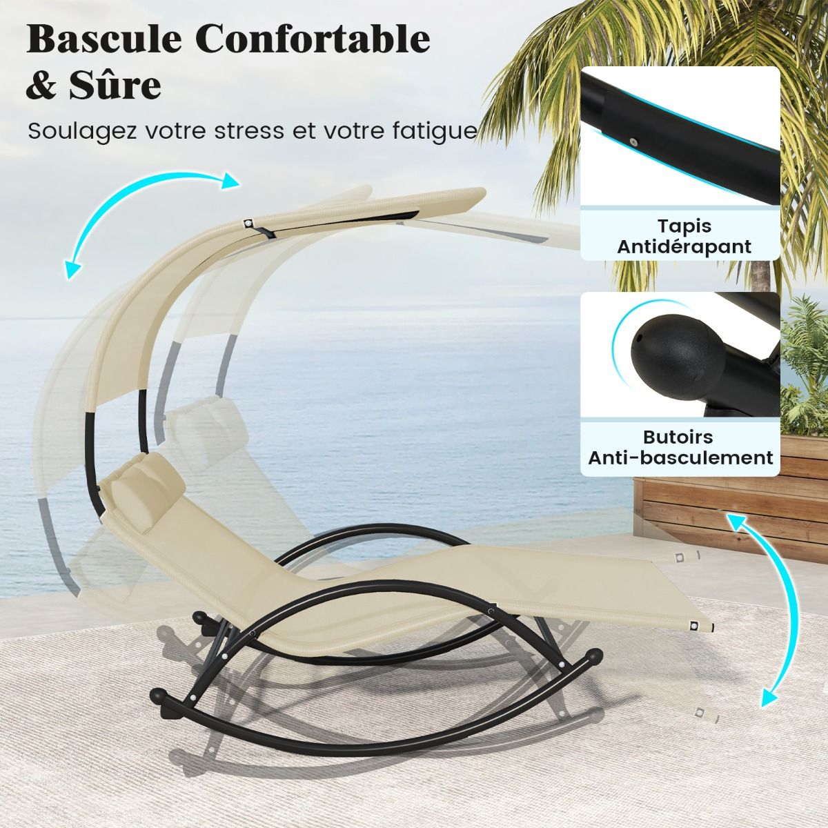 Chaise Longue Double Chaise à Bascule pour 2 Personnes 2 Appui-Têtes Amovibles Cadre en Métal Robuste Lit de Repos Ergonomique 2 Places Gris/Noir/Beige