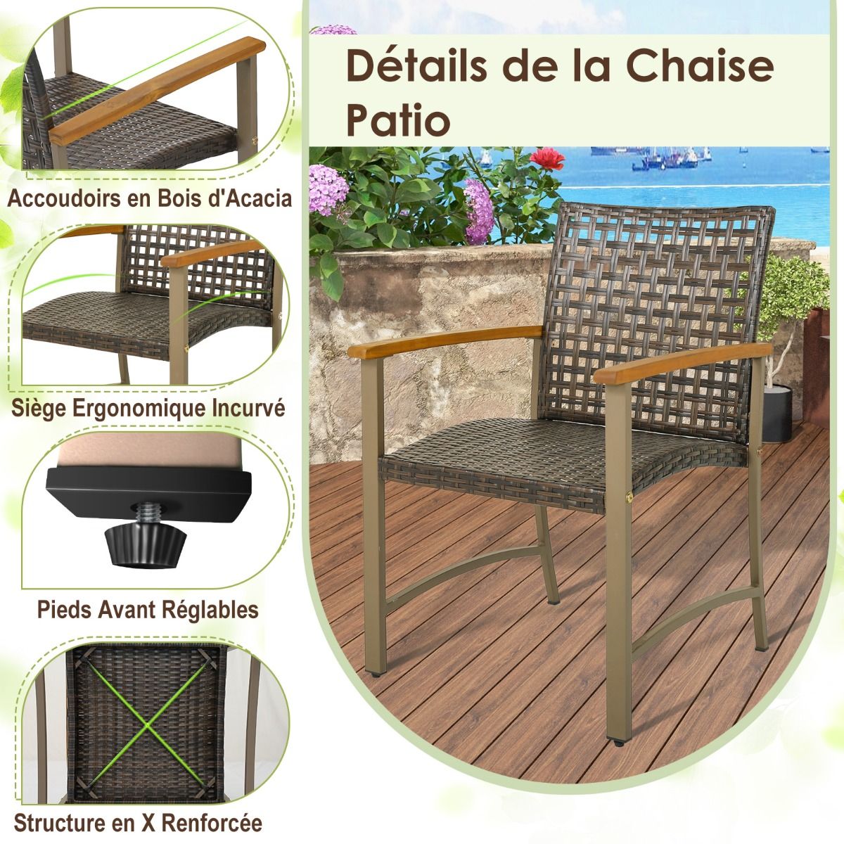 Ensemble de 4 Chaises en Rotin pour l'Extérieur Chaises avec Accoudoirs en Bois d'Acacia Structure Métallique Robuste Chaises Ergonomiques
