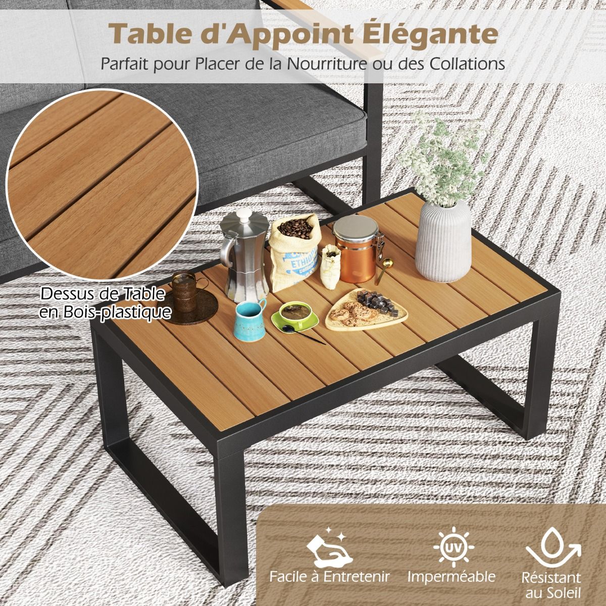Salon de Jardin 2 Pièces avec Table Basse Causeuse Ensemble de Meubles d'Extérieur en Aluminium avec Accoudoirs Gris