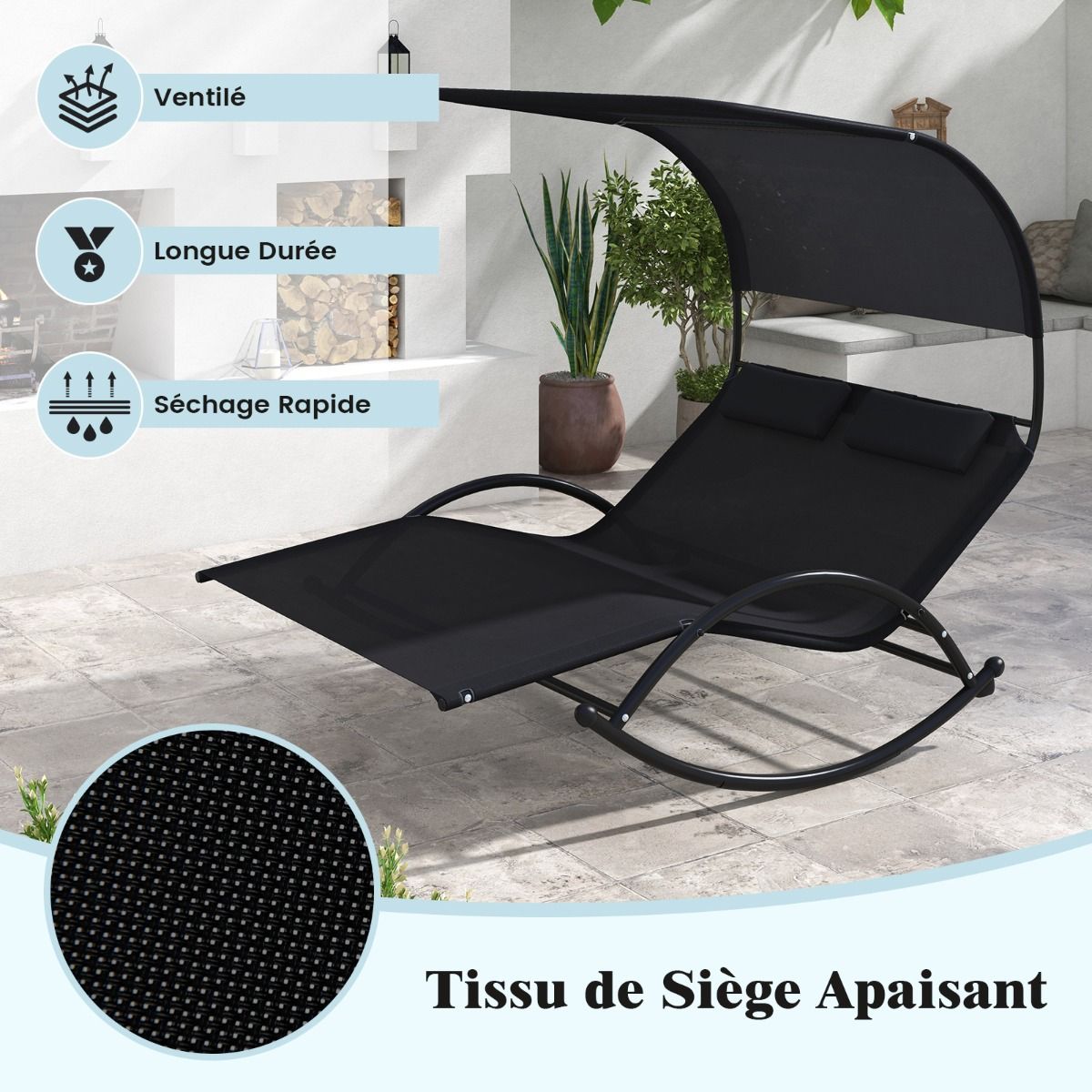 Chaise Longue Double Chaise à Bascule pour 2 Personnes 2 Appui-Têtes Amovibles Cadre en Métal Robuste Lit de Repos Ergonomique 2 Places Gris/Noir/Beige