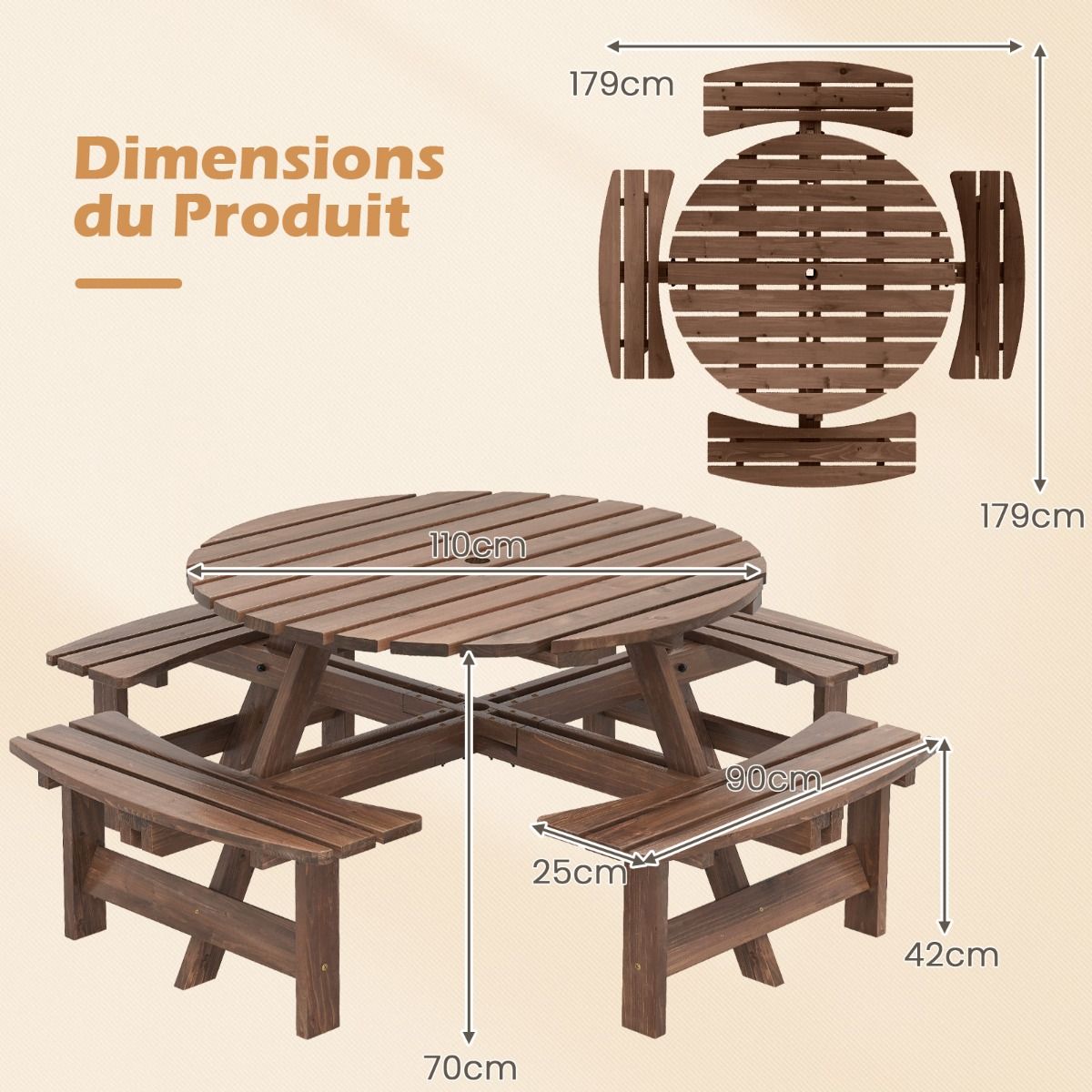 Ensemble Table de Pique-Nique en Bois pour 2 à 8 Personnes Set Table et Banc Circulaire avec 4 Bancs Intégrés Trou de Parasol de 5cm Marron/Jaune