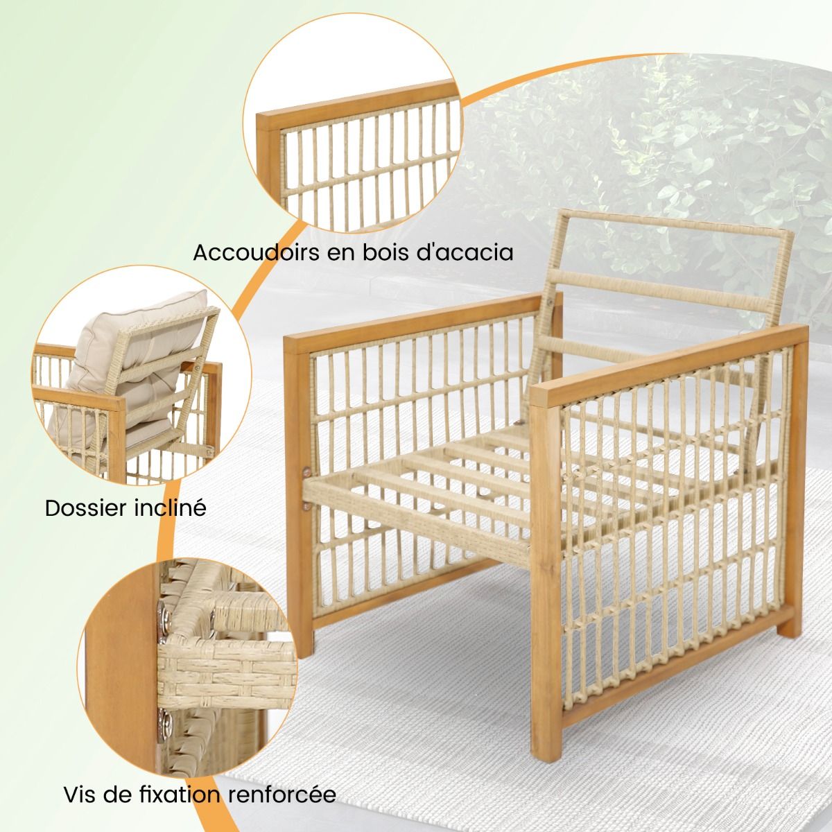 Salon de Jardin avec 1 Table et 2 Fauteuils en Bois d'Acacia et Rotin Anti-UV Pieds Réglables Coussins avec Zip Nautel