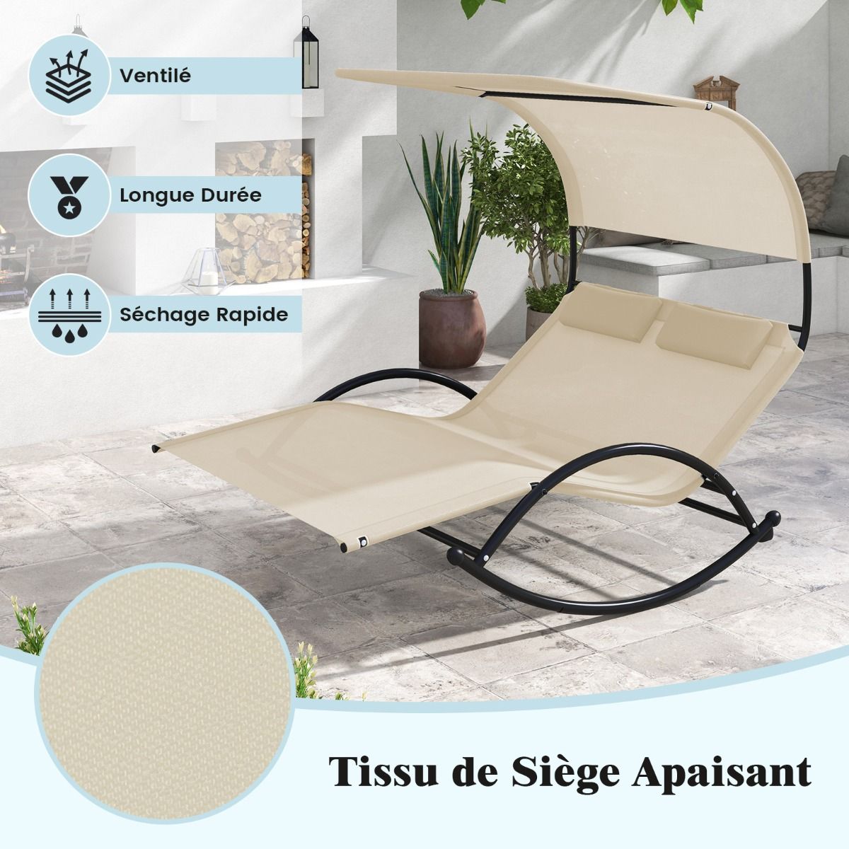 Chaise Longue Double Chaise à Bascule pour 2 Personnes 2 Appui-Têtes Amovibles Cadre en Métal Robuste Lit de Repos Ergonomique 2 Places Gris/Noir/Beige
