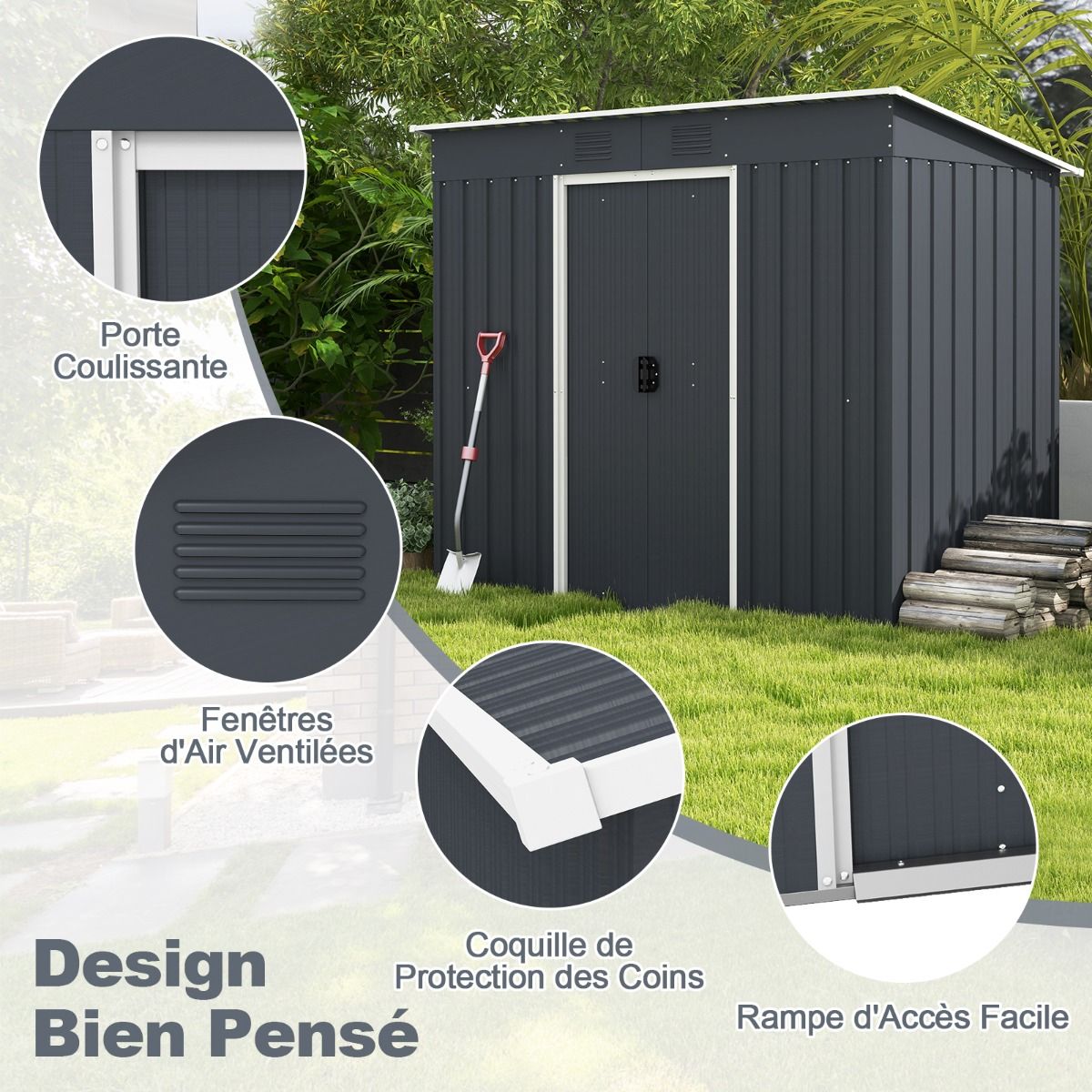 Abri de Jardin Métal 2,4 ㎡ Toit Monopente Cabane de Jardin 2 Portes Coulissantes Verrouillables Fondation 2 Trous d'Aération Gris