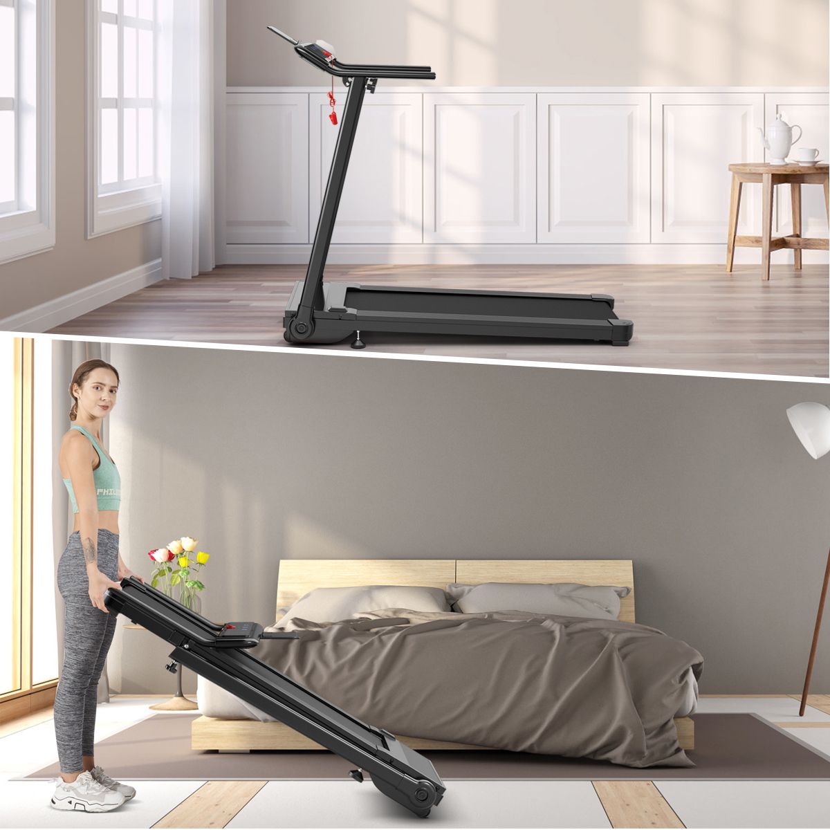 Tapis de Course/Marche Pliable 500W 12 Programmes Prédéfinis 0,8-9,6 Km/h Ecran Tactile LED 4 Touches de Raccourci Noir Support pour Ipad