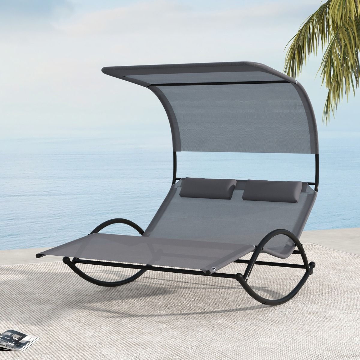 Chaise Longue Double Chaise à Bascule pour 2 Personnes 2 Appui-Têtes Amovibles Cadre en Métal Robuste Lit de Repos Ergonomique 2 Places Gris/Noir/Beige