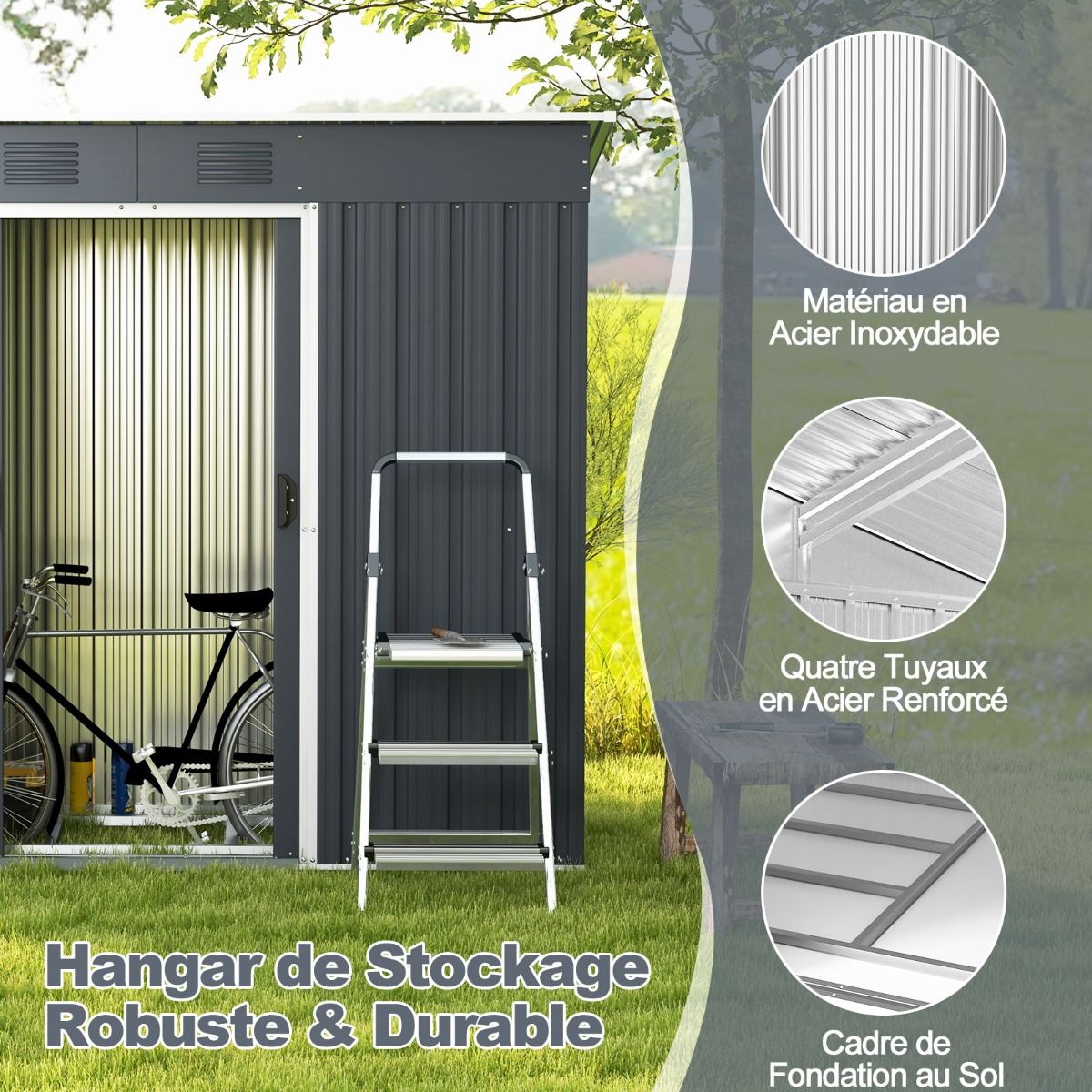 Abri de Jardin Métal 2,4 ㎡ Toit Monopente Cabane de Jardin 2 Portes Coulissantes Verrouillables Fondation 2 Trous d'Aération Gris