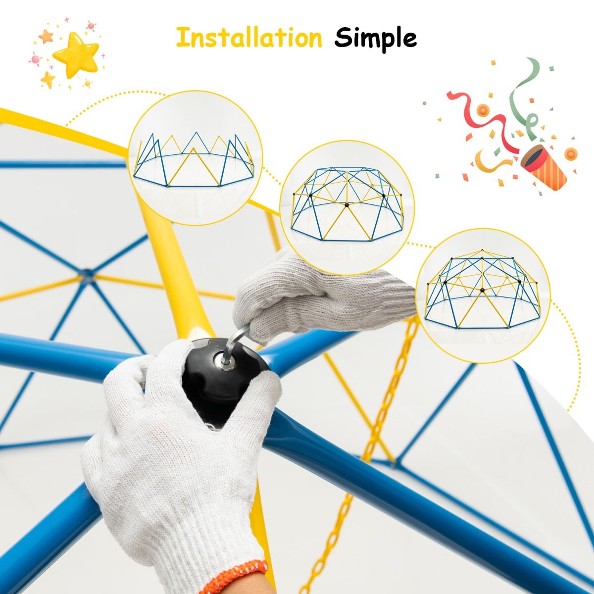 Dôme d'Escalade de 305cm avec Balançoire Cage d'Escalade en Métal Charge Max 363 kg Intérieur Extérieur pour Enfants de 3-10 Ans Jaune/Rouge