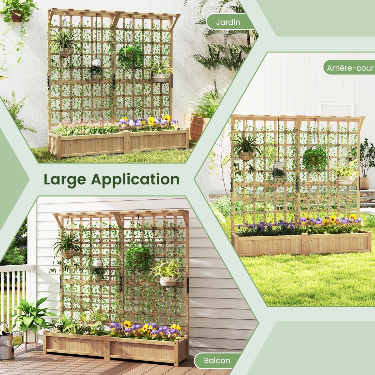 Jardinière avec 2 Treillis 2 Bacs Toit Suspendu en Bois Lit de Jardin Surélevé avec 4 Trous de Drainage 180 x 48 x 183 cm Orange