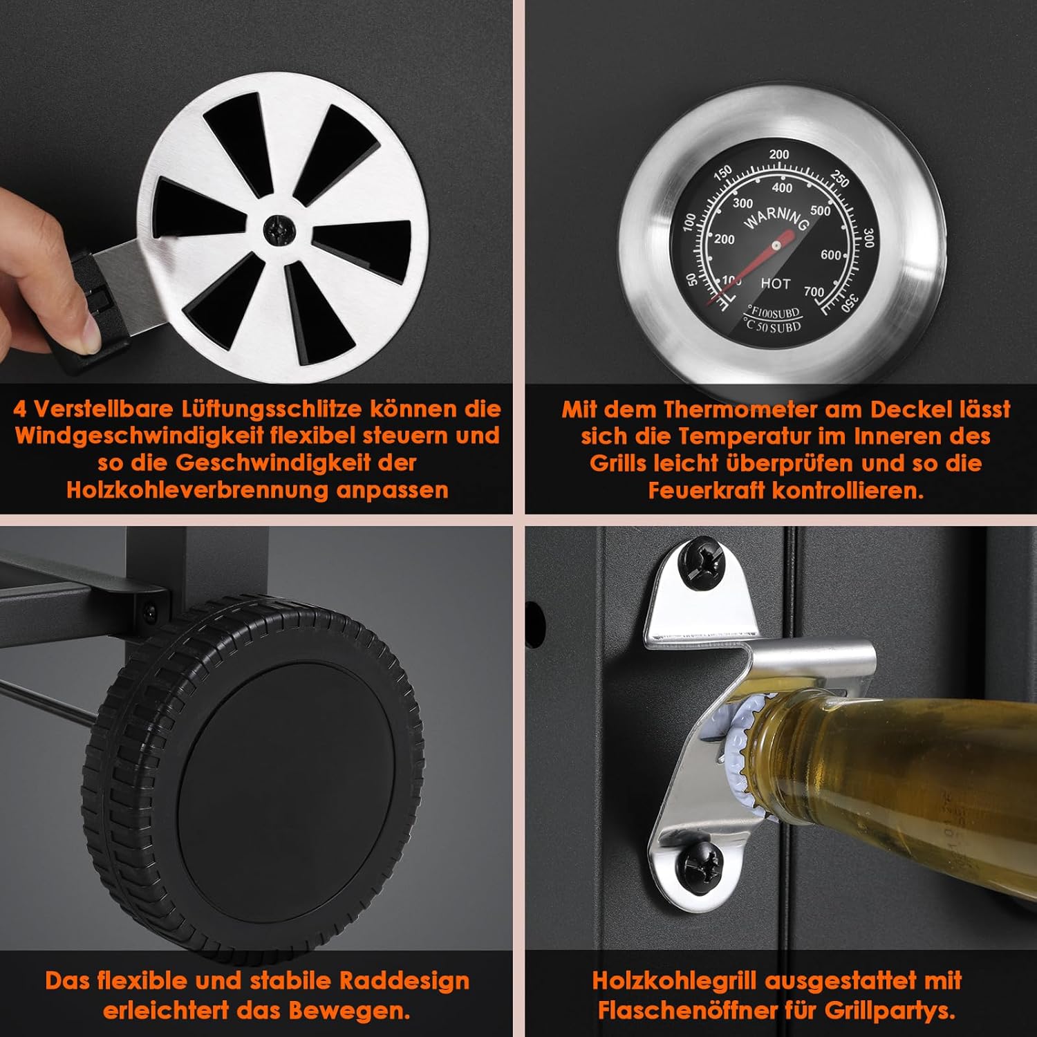 Barbecue Charbon de Bois XL, Chariot à Barbecue, Grill XL à Charbon avec Couvercle, Roues et Thermomètre, Réglable en Hauteur, Grand Barbecue au Charbon de Bois, pour Camping et Jardin, Noir