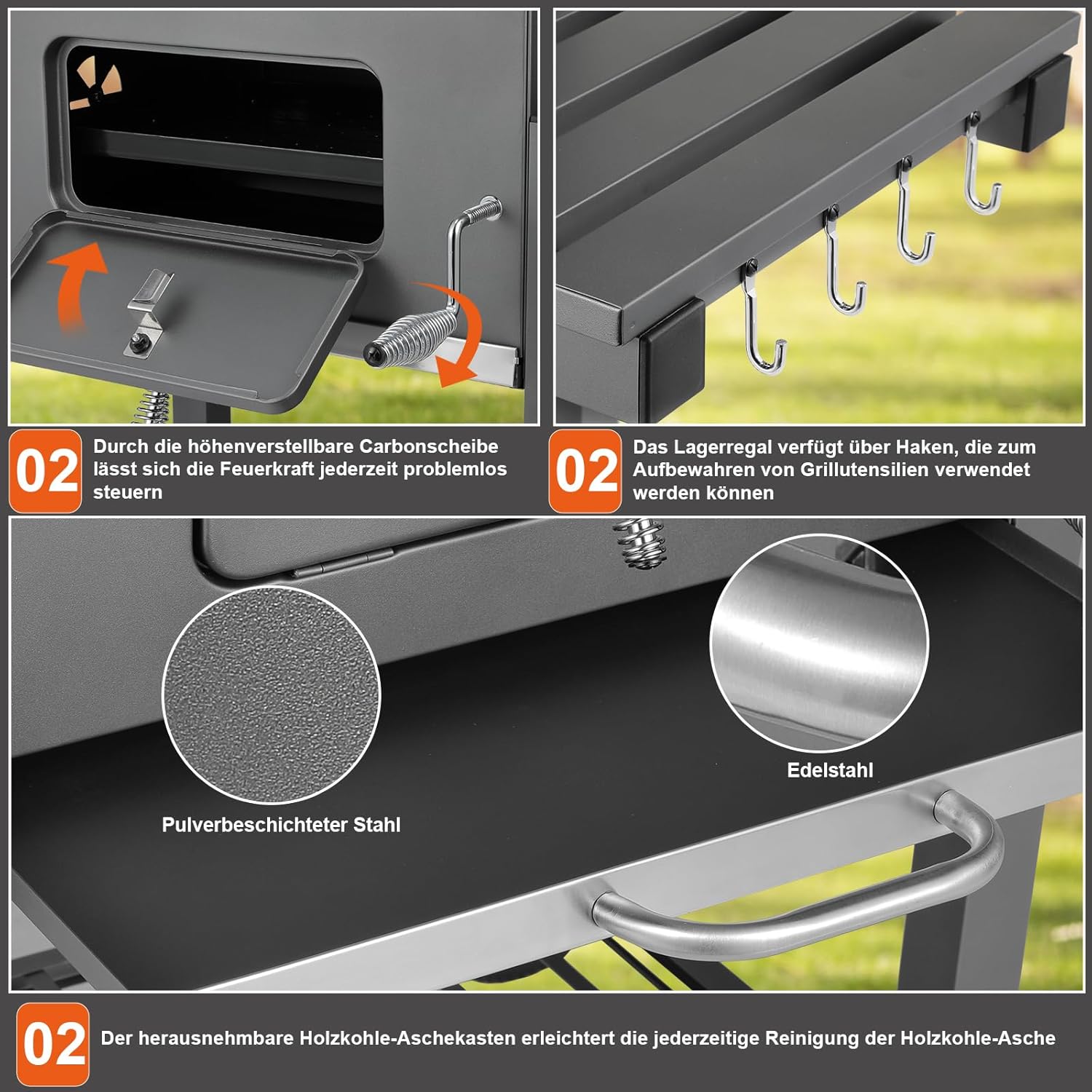Barbecue Charbon de Bois XL, Chariot à Barbecue, Grill XL à Charbon avec Couvercle, Roues et Thermomètre, Réglable en Hauteur, Grand Barbecue au Charbon de Bois, pour Camping et Jardin, Noir