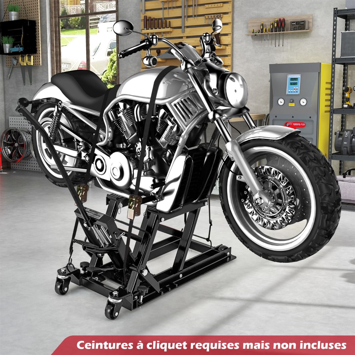 Cric Hydraulique pour Moto Capacité de 680 kg Table Élévatrice Moto Plateforme Réglable en Hauteur sur 3 Niveaux Rouge/Noir