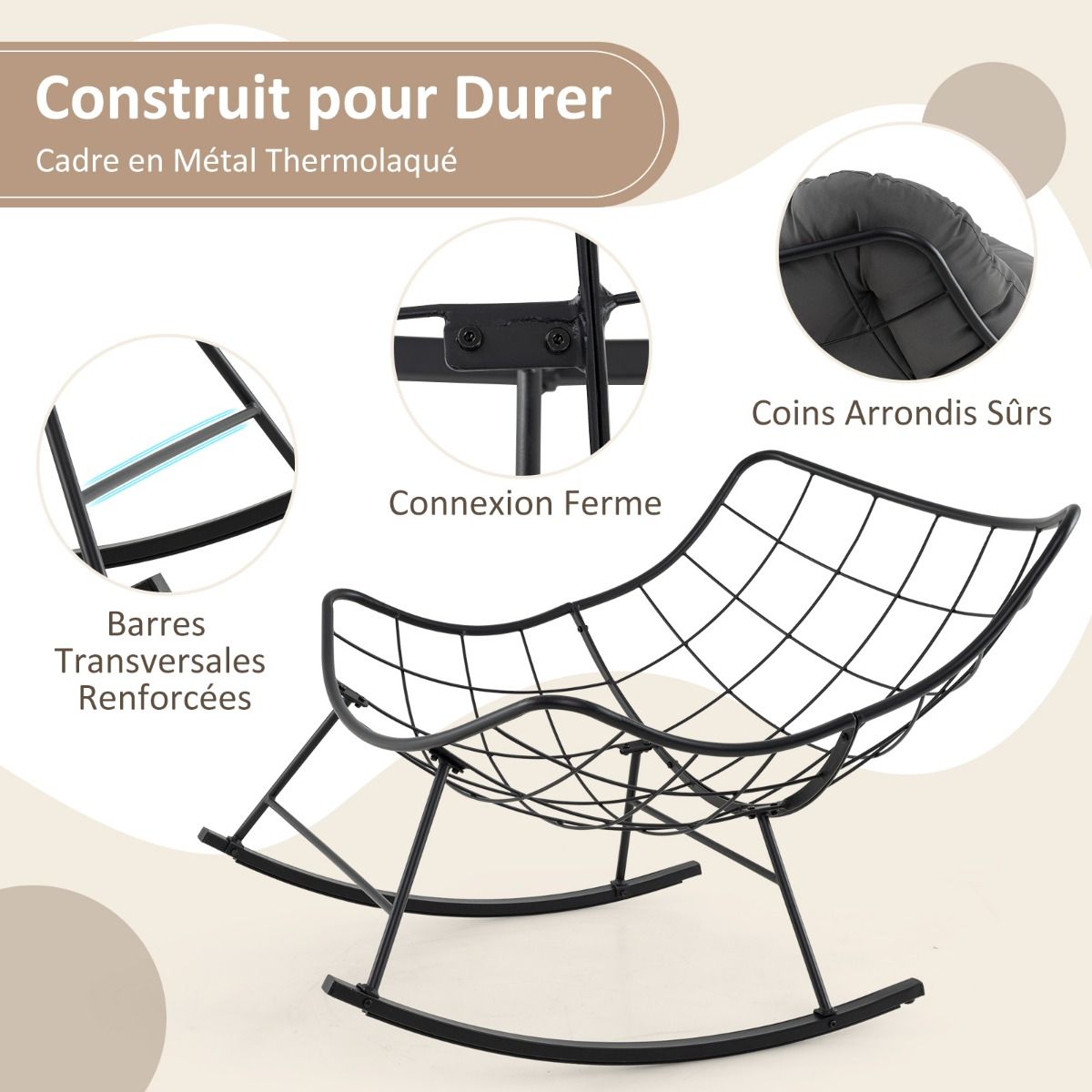 Chaise à Bascule d'Intérieur et d'Extérieur Chaise Papasan Surdimensionnée avec Coussin Rembourré & Cadre en Métal Capacité 205 Kg Gris