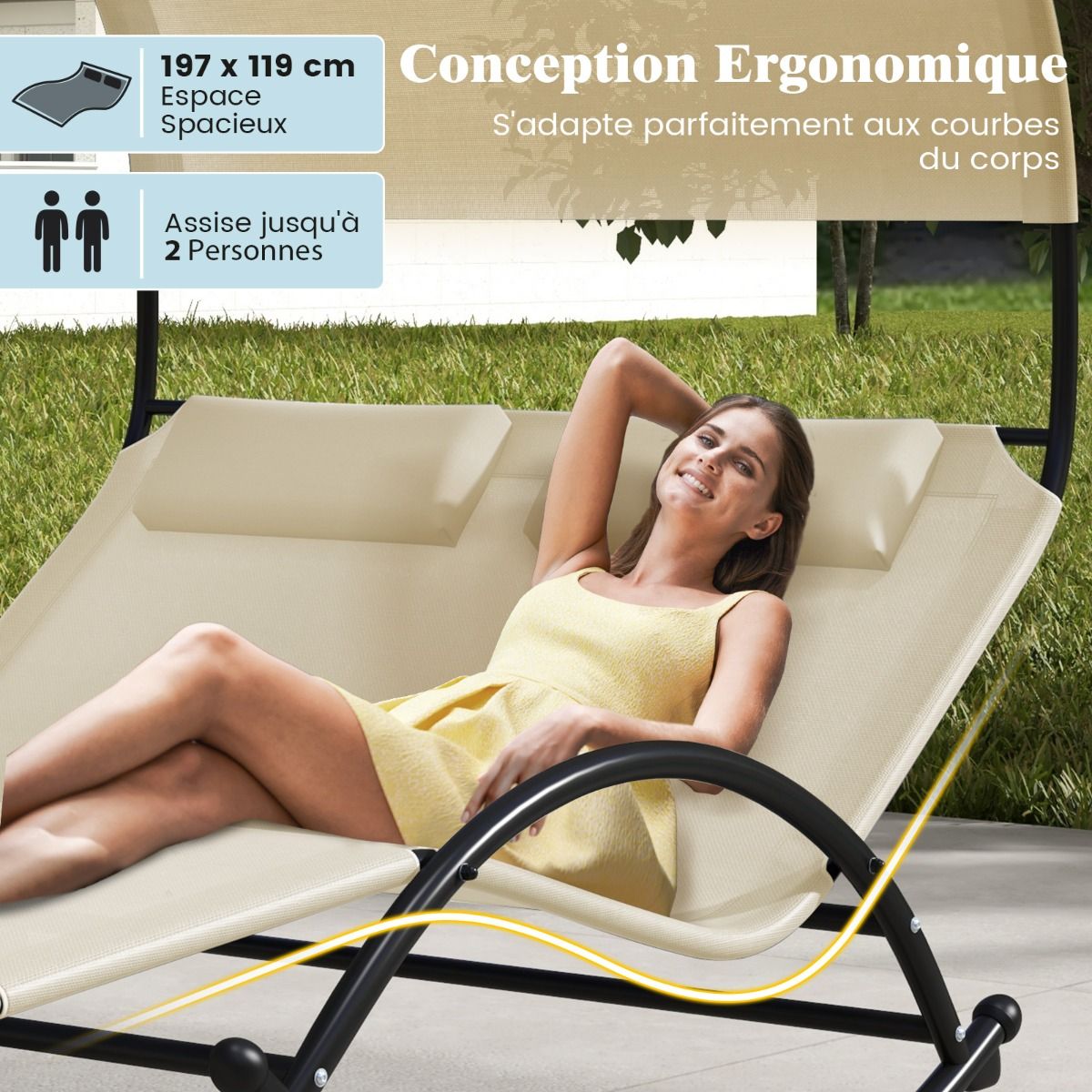 Chaise Longue Double Chaise à Bascule pour 2 Personnes 2 Appui-Têtes Amovibles Cadre en Métal Robuste Lit de Repos Ergonomique 2 Places Gris/Noir/Beige