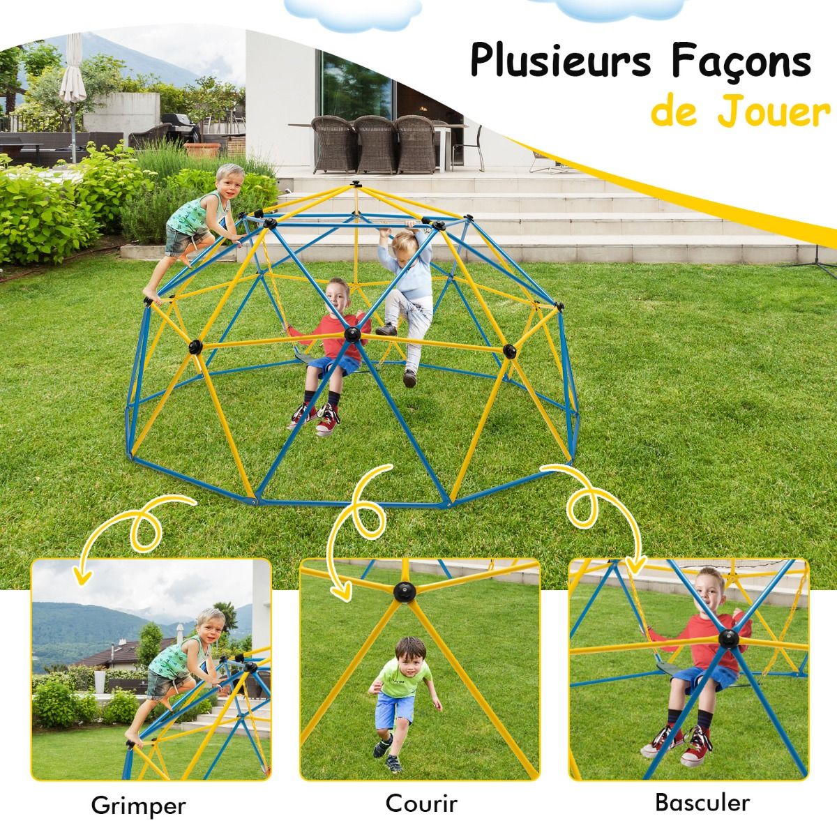 Dôme d'Escalade de 305cm avec Balançoire Cage d'Escalade en Métal Charge Max 363 kg Intérieur Extérieur pour Enfants de 3-10 Ans Jaune/Rouge