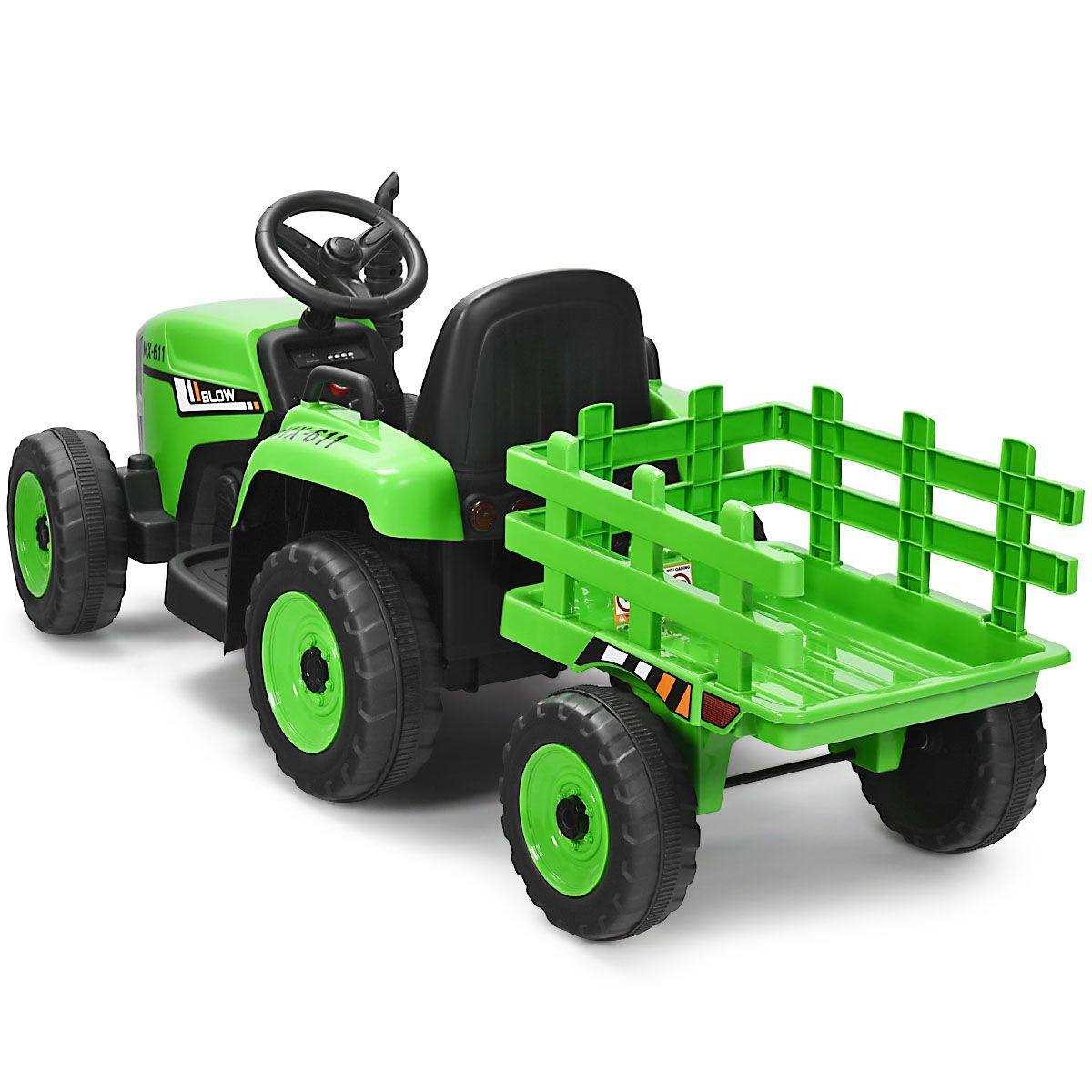 Tracteur Electrique avec Remorque pour Enfants 3 Vitesses Lumières LED Fonctions Audio USB et Bluetooth Jaune/Rose/Rouge/Vert/Vert Foncé/Noir