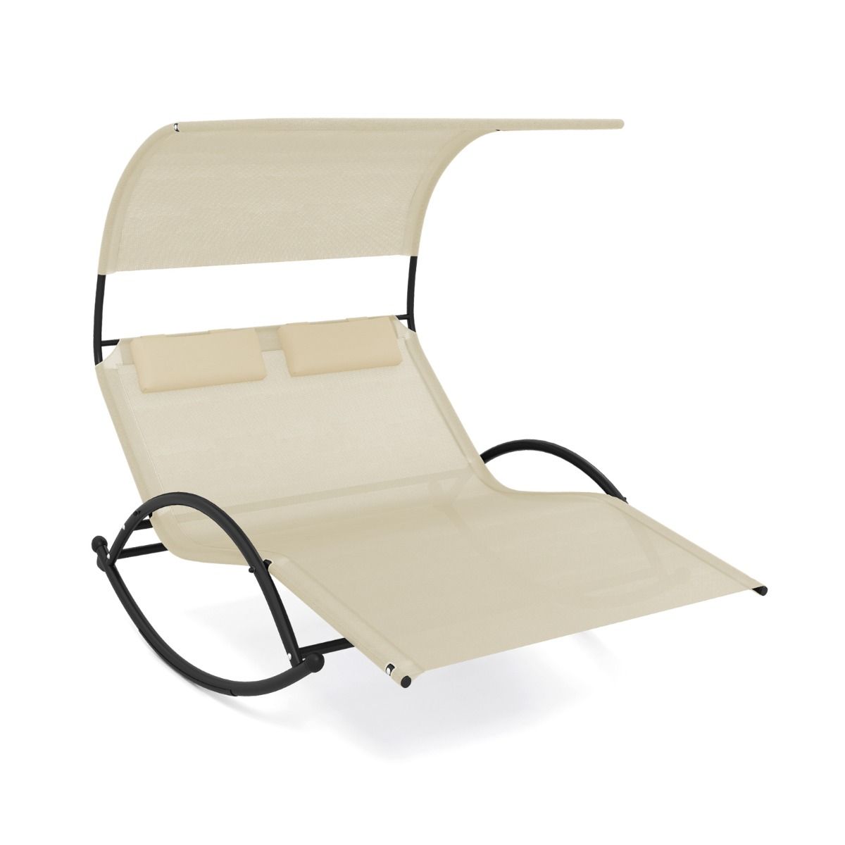 Chaise Longue Double Chaise à Bascule pour 2 Personnes 2 Appui-Têtes Amovibles Cadre en Métal Robuste Lit de Repos Ergonomique 2 Places Gris/Noir/Beige