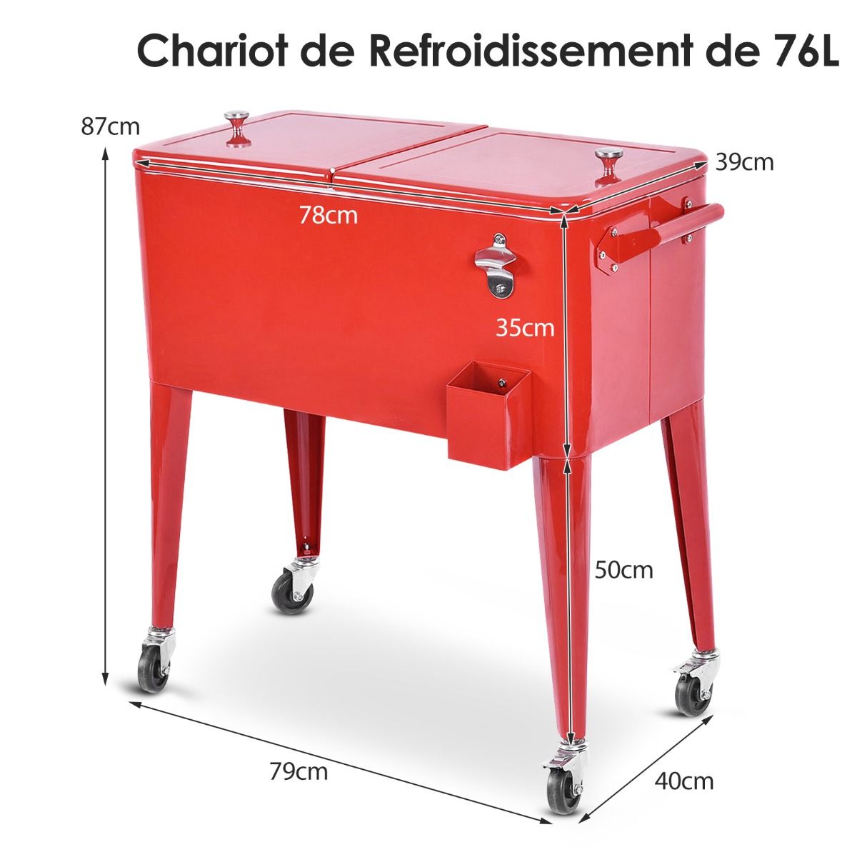 Chariot Isotherme Roulant de 76L Réfrigérant avec Roulettes Universelles Ouvre-bouteille Desserte Jardin pour Conserver Glace et Boissons