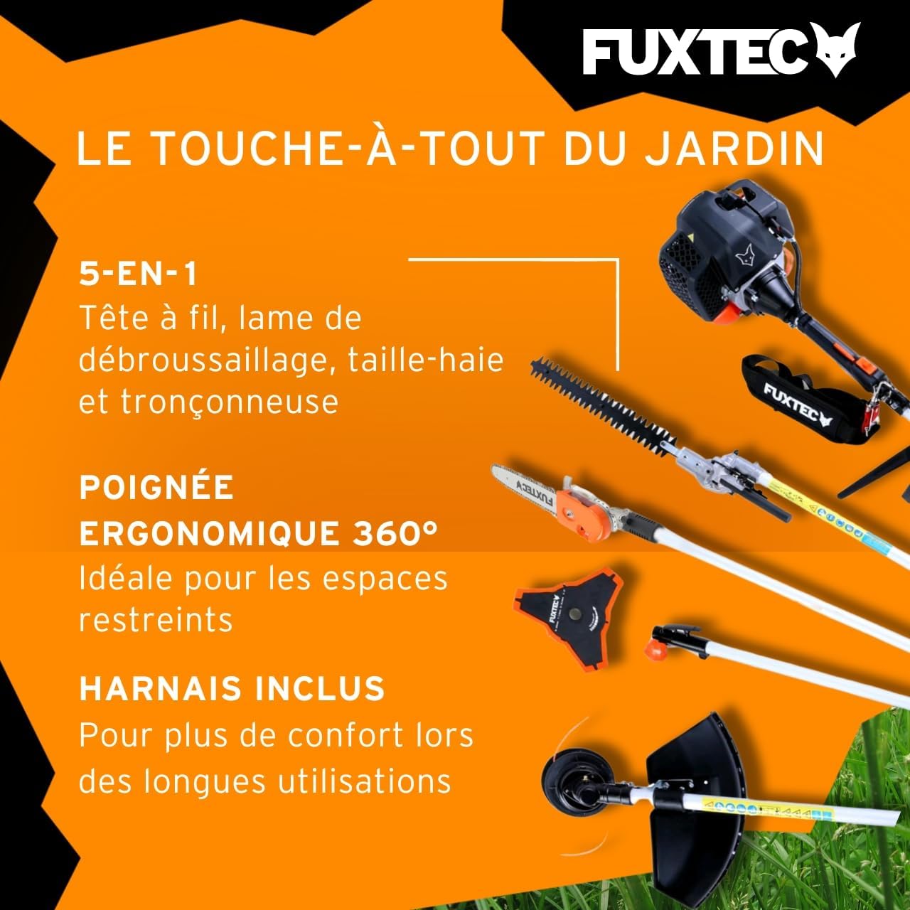 Fuxtec Débroussailleuse Thermique Multifonction 5 en 1 Multitool FX-MT152E - Easy Starter 3CV 52 cm³, Moteur 2 Temps, Élagueuse Taille Haie Coupe Bordure Avec Fil ou Lame 1 Mètre Rallonge