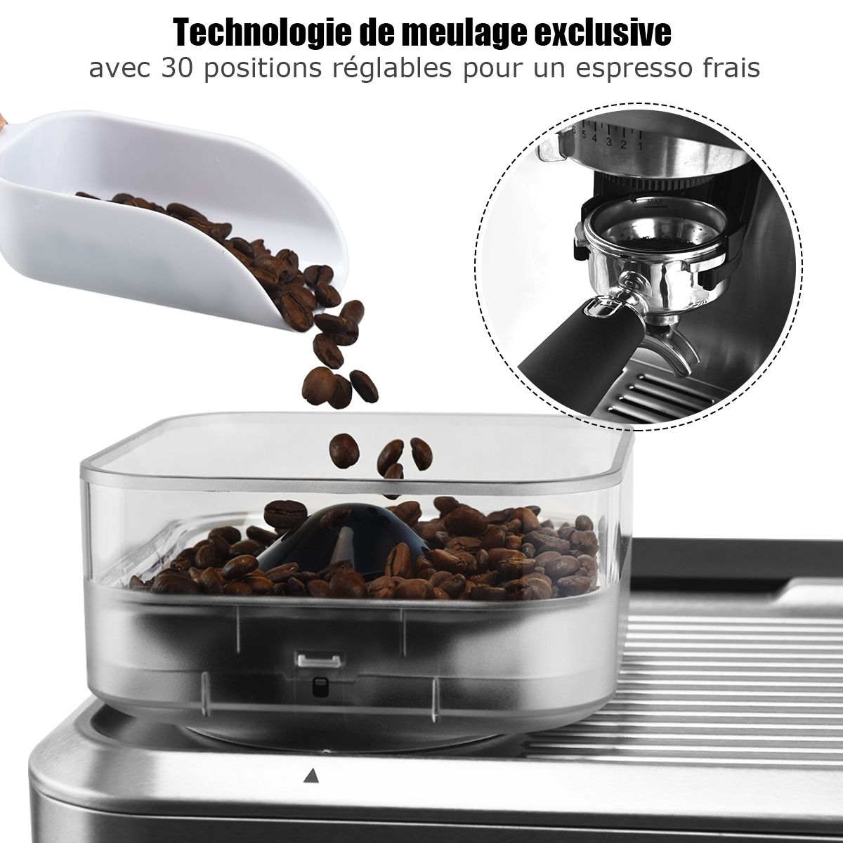 Machine à Café Automatique avec Broyeur à Grains 1350W 30 Niveaux de Poudre de Café Réglables Température Réglable