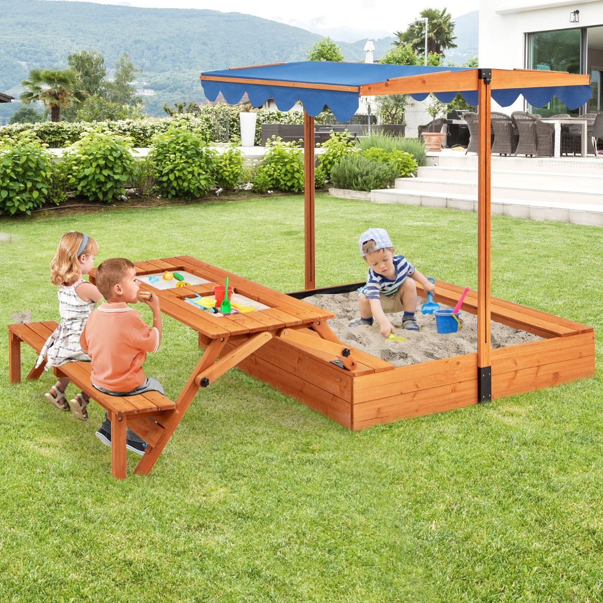 Bac à Sable en Bois pour Enfants avec Couvercle Aire de Jeux avec Table Sensorielle Pliable & Banc Parasol Ajustable pour 3+ Ans Naturel