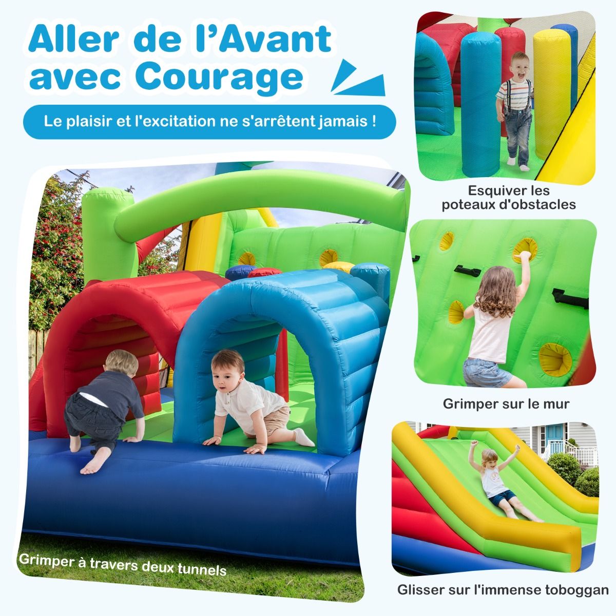 Château Gonflable pour 4 Enfants avec 2 Toboggans Tunnels Zone de Rebond Escalade Obstacles Maison de Jeu avec Souffleur de 680 W