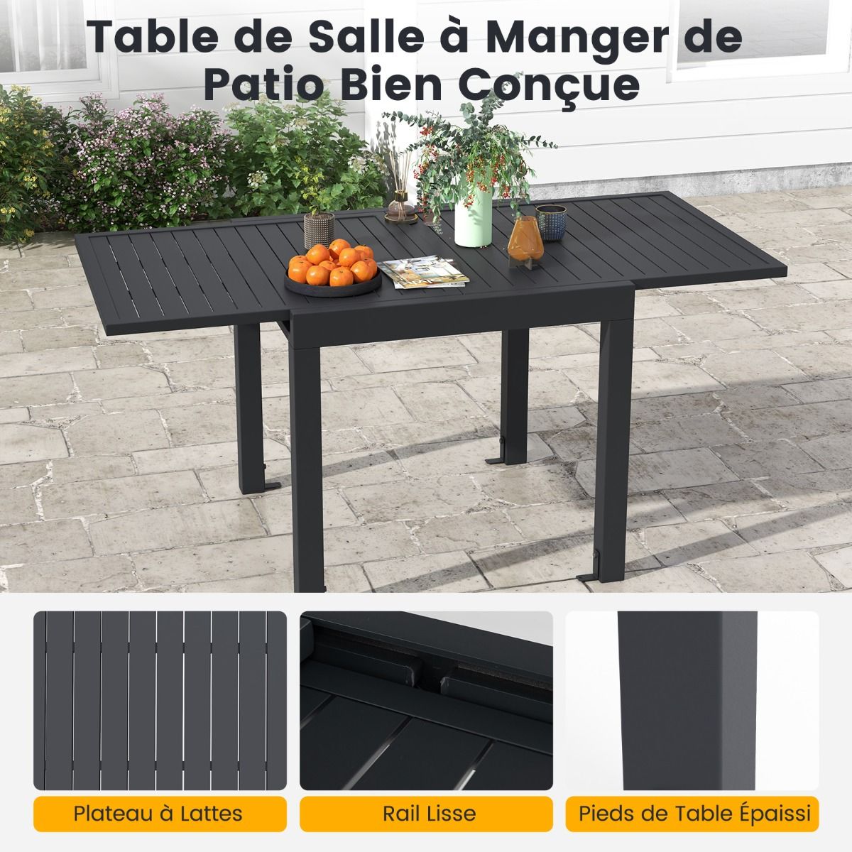 Table de Jardin Extensible en Aluminium Ajustable de 80 à 160 CM Table à Manger Extérieure Plateau à Lattes pour 4-6 Personnes Gris Foncé