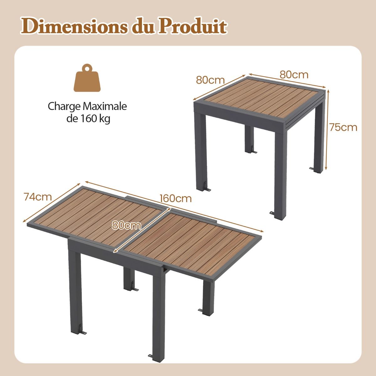 Table de Jardin Extensible en Aluminium Ajustable de 80 à 160 CM Table à Manger Extérieure Rectangulaire pour 4-6 Personnes Naturel