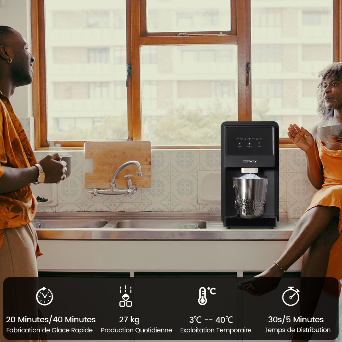 Machine à Glaçons 27kg/24h Machine à Pépites à Affichage LED de Comptoir avec Capteur Infrarouge et Autonettoyant Stockage de glace : 4 kg