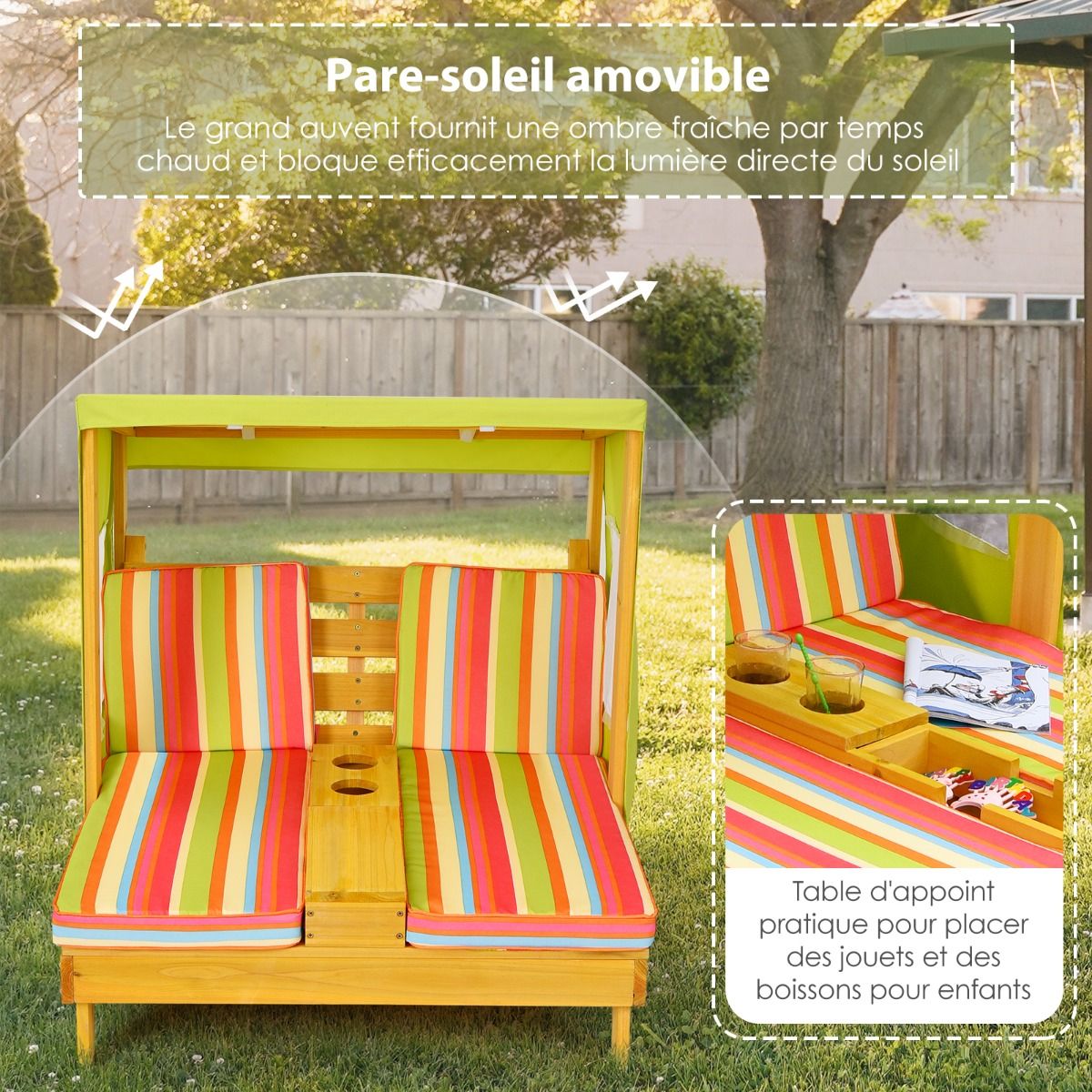 Chaise Longue pour Enfants 3-8 Ans Double Place en Bois avec Auvent Porte-gobelets Coussins Lavables Extérieur Supporté 50kg