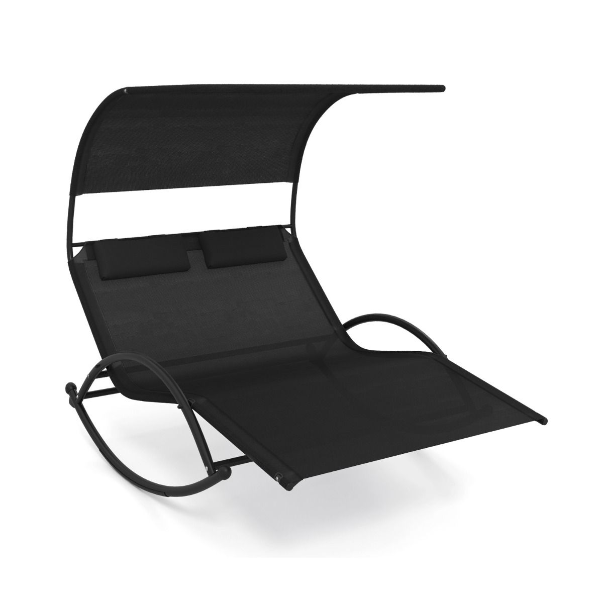 Chaise Longue Double Chaise à Bascule pour 2 Personnes 2 Appui-Têtes Amovibles Cadre en Métal Robuste Lit de Repos Ergonomique 2 Places Gris/Noir/Beige