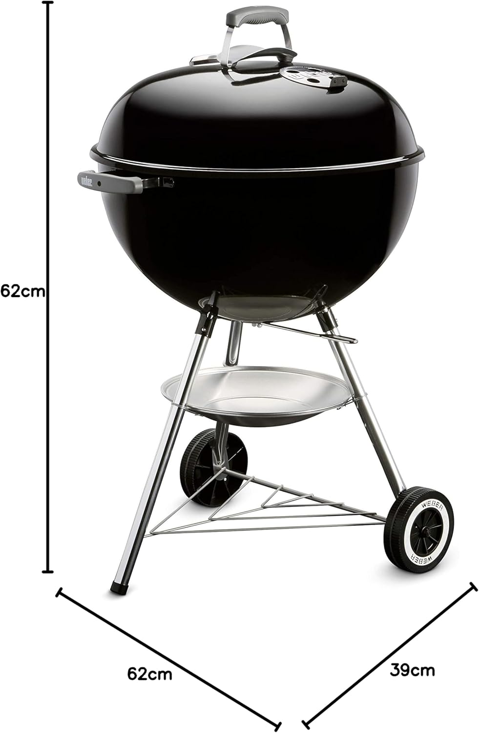Weber Classic Kettle barbecue au charbon de bois, surface de cuisson Ø 57cm, barbecue avec couvercle et cuve en acier emaillé, thermomètre intégré au couvercle, trépied et roues - Noir (1341504)