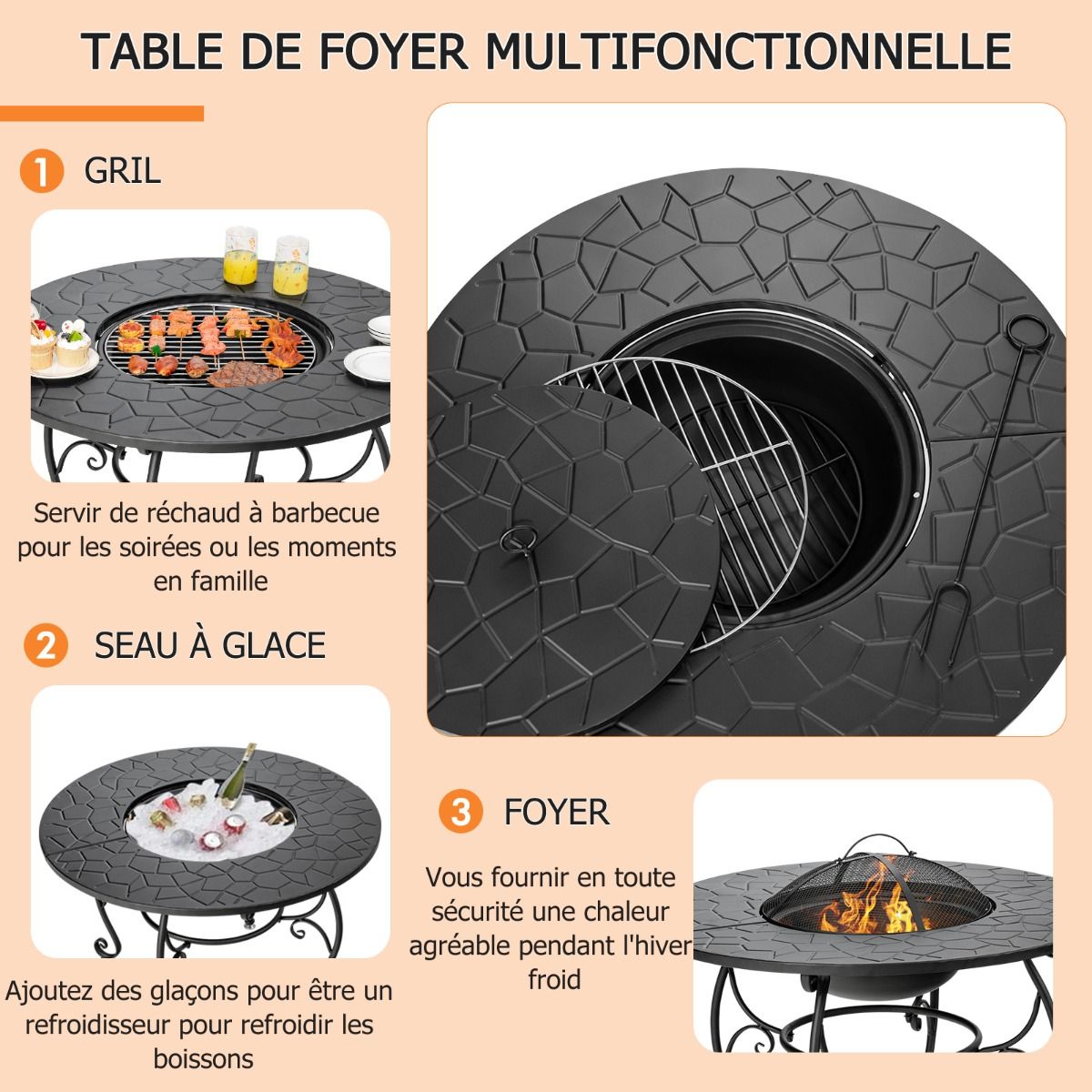 Brasero Extérieur pour Jardin 80 x 80 x 70 cm Foyer rond 4 en 1 avec Brasero Grille de Cuisson Grille en Bois