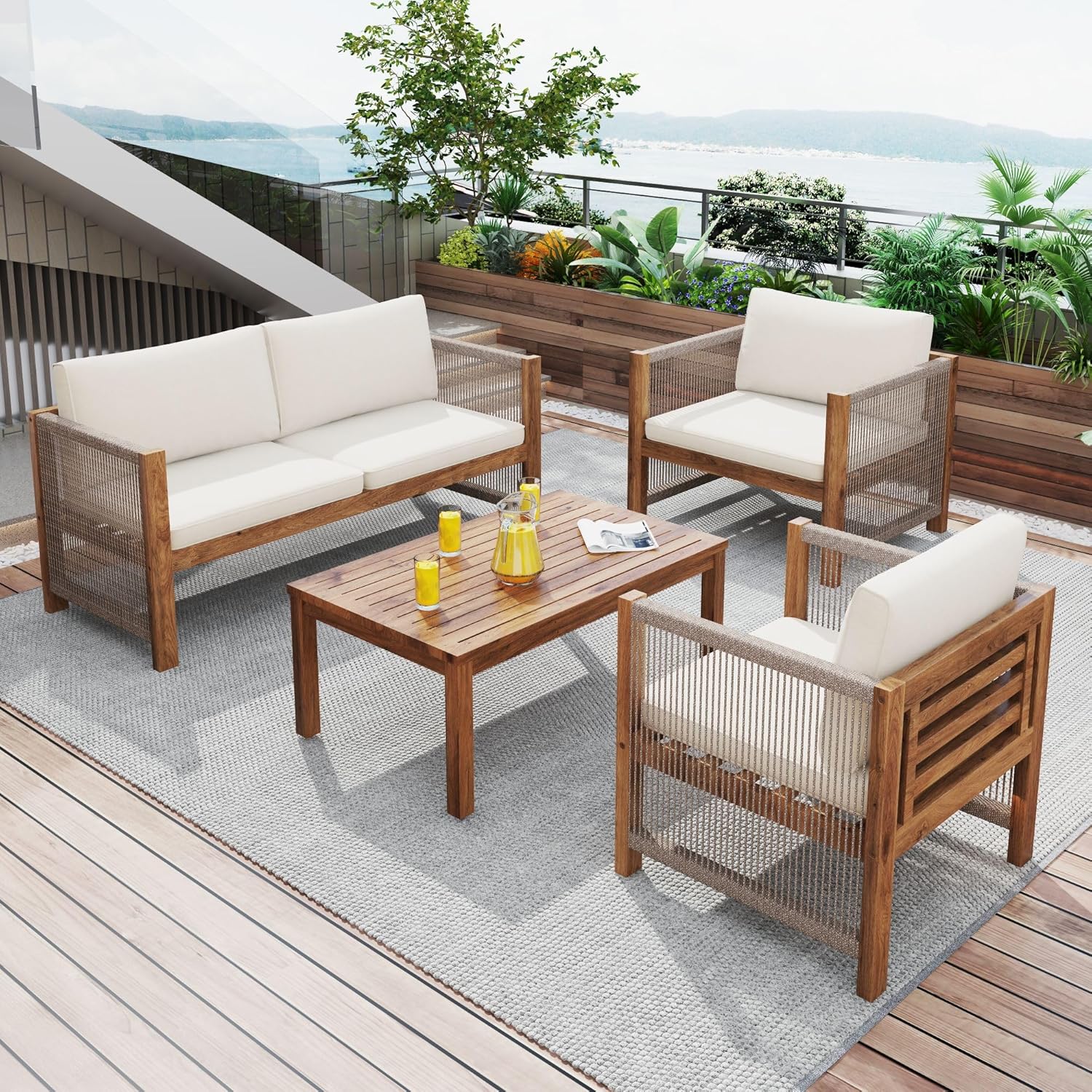 Zepneiy Salon de Jardin, Salon de Jardin 4 Personnes, avec canapé, Table Basse et Coussins, Housse en Tissu déhoussable et Lavable, Noir (Coussins d'assise Inclus)