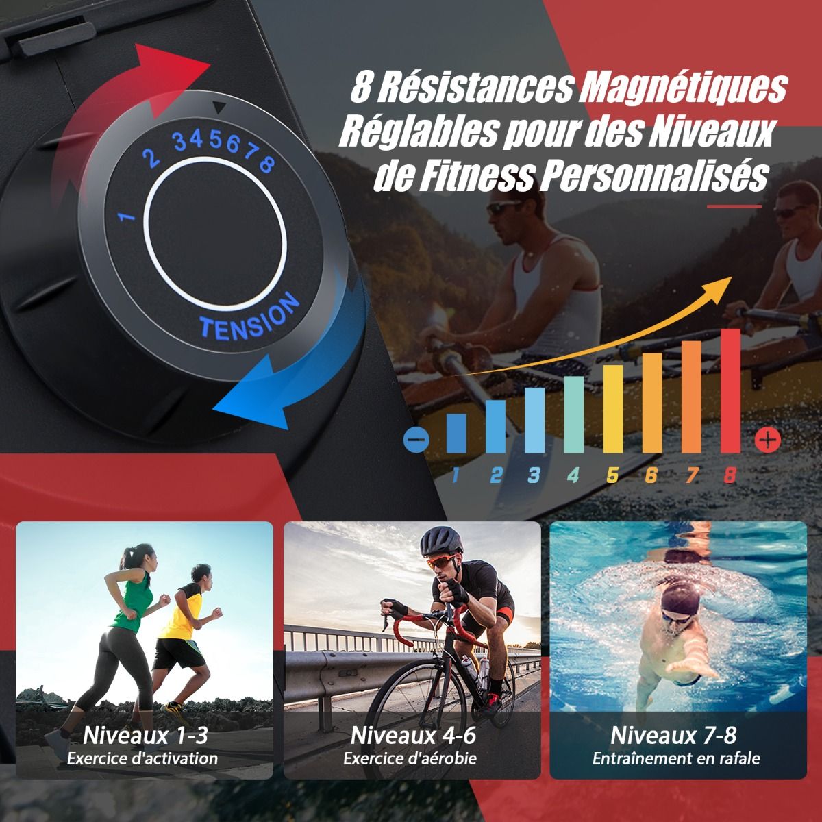 Rameur Magnétique Résistanceà 8 Niveaux Pliable 2 Roues Flexibles Rail Coulissant en Aluminium Ecran LCD Support d'Appareil