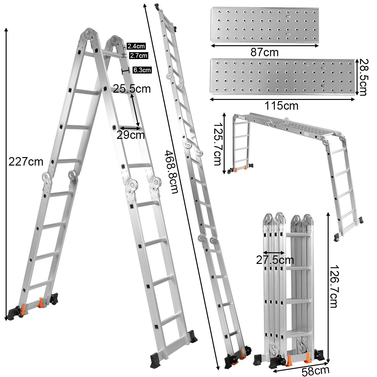 Échelle Polyvalente 5 en 1 avec 2 Montants 4 Plis 15 Echelons Pliable et Multifonction Capacité 150kg en Aluminium