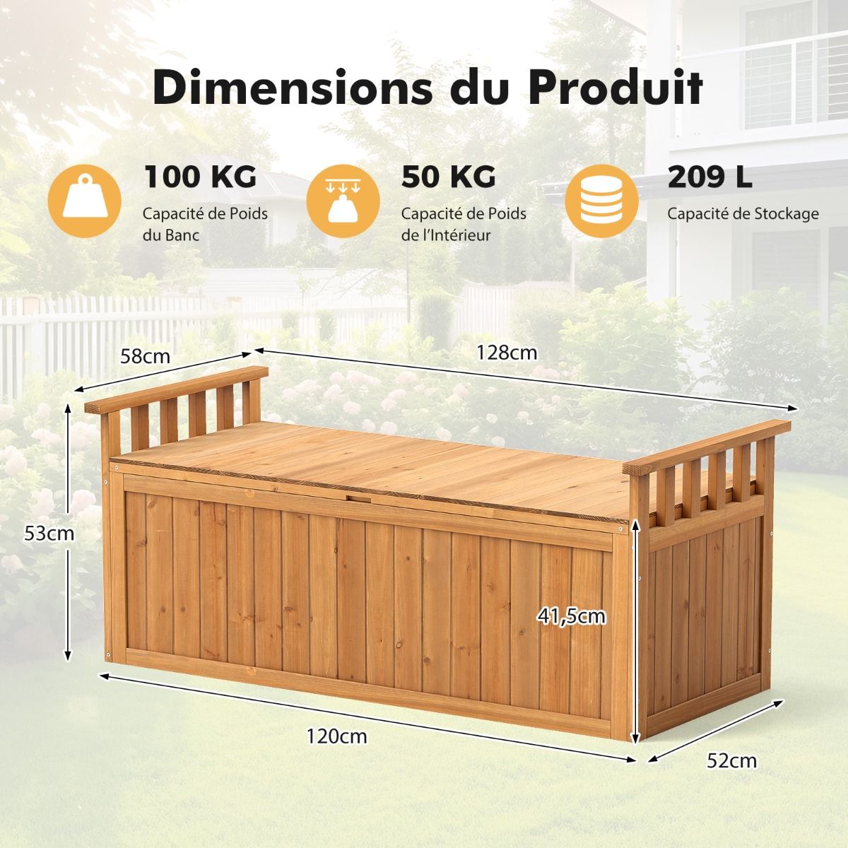 Banc de Rangement en Bois Banc d'Extérieur à 2 Places de 209 L avec Accoudoirs Coffre de Stockage en Bois Charge 100KG Naturel