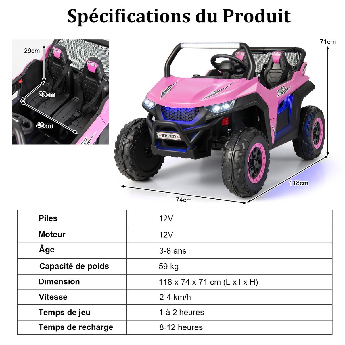 Voiture électrique Enfant 12 V Télécommande pour 3-8 Ans 2 Vitesses Ressort de Suspension Charge 59KG 118x74x71CM Noir/Rose/Rouge