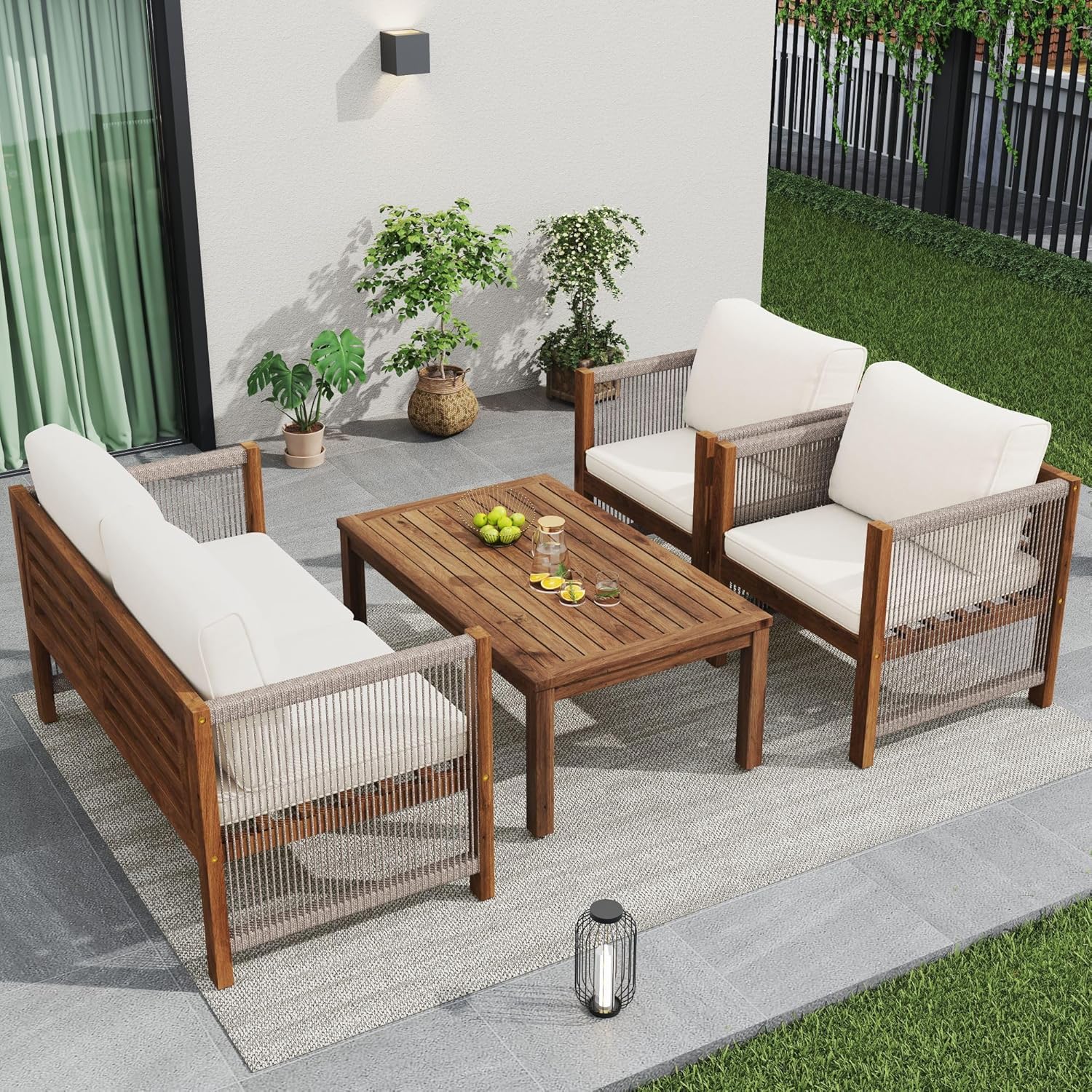 Zepneiy Salon de Jardin, Salon de Jardin 4 Personnes, avec canapé, Table Basse et Coussins, Housse en Tissu déhoussable et Lavable, Noir (Coussins d'assise Inclus)