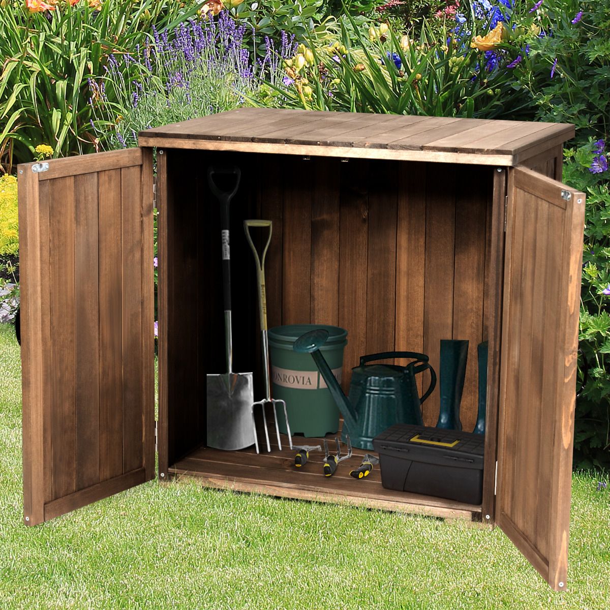 Armoire de Jardin Exterieur en Bois 77,5 x 56 x 72 cm Abri à Outils avec Double Portes Marron