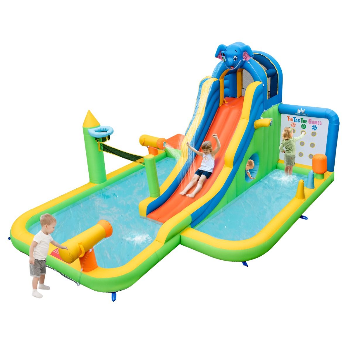 Toboggan Aquatique Gonflable Géant pour Enfants Piscine à Éclaboussures sures Mur D'escalade Canons à Eau Lancer D'anneaux Cerceau (sans Souffleur) Multicolore