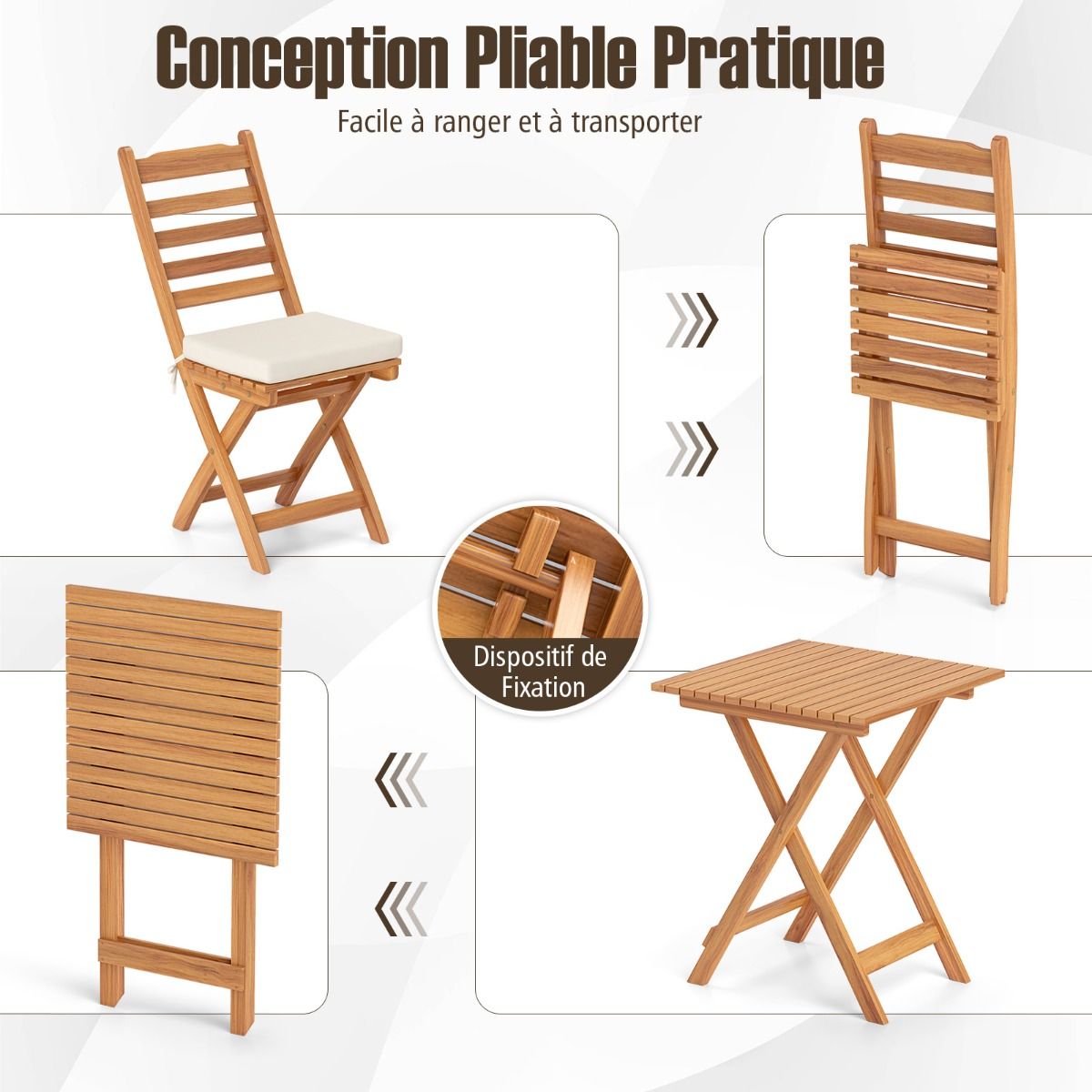 Ensemble Bistrot d'Extérieur en Bois d'Acacia Ensemble de Chaises Pliantes et Table Coussins de Siège Sans Accoudoirs à Dossier Haut Blanc