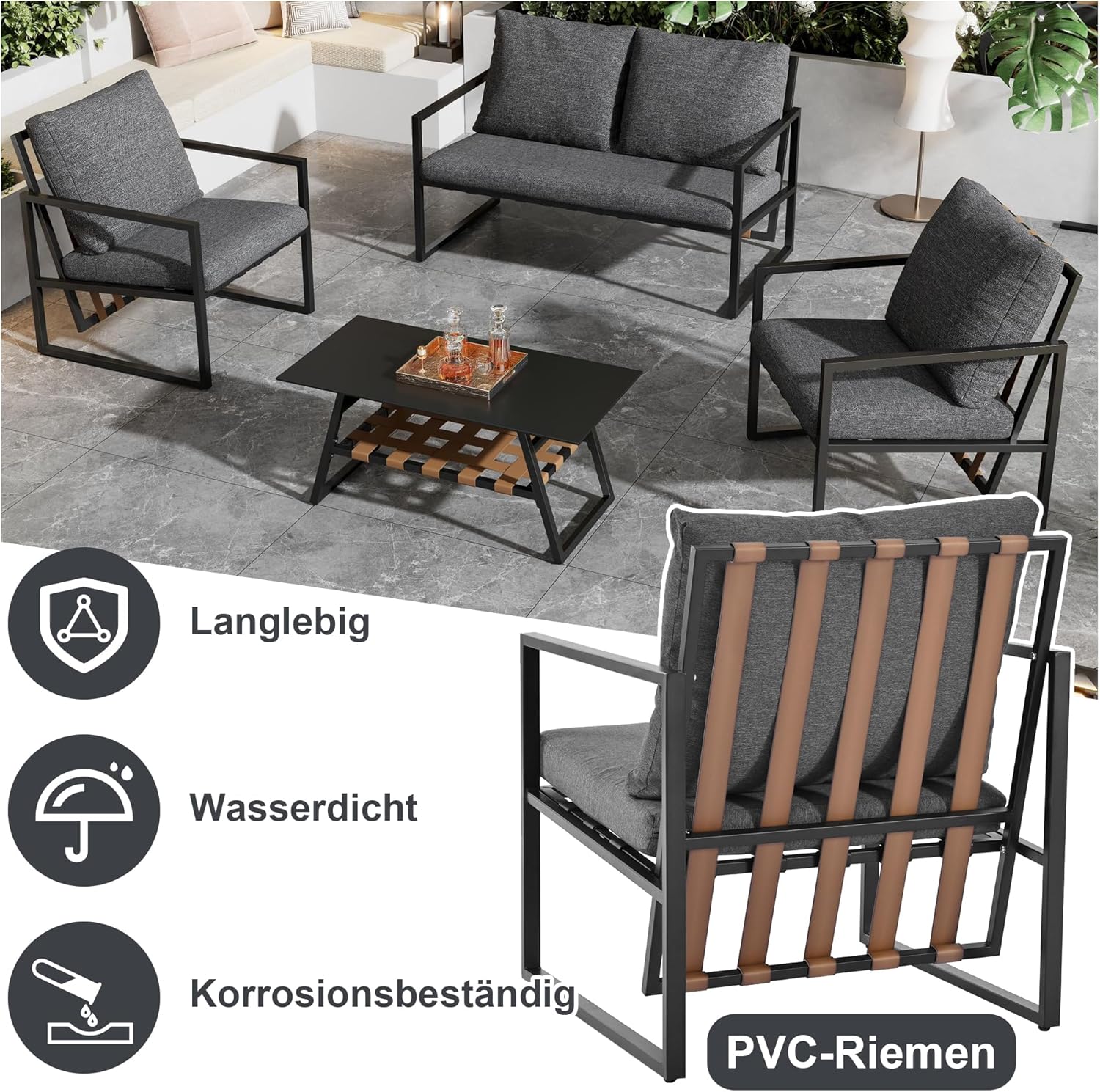 Zepneiy Salon de Jardin, Salon de Jardin 4 Personnes, avec canapé, Table Basse et Coussins, Housse en Tissu déhoussable et Lavable, Noir (Coussins d'assise Inclus)