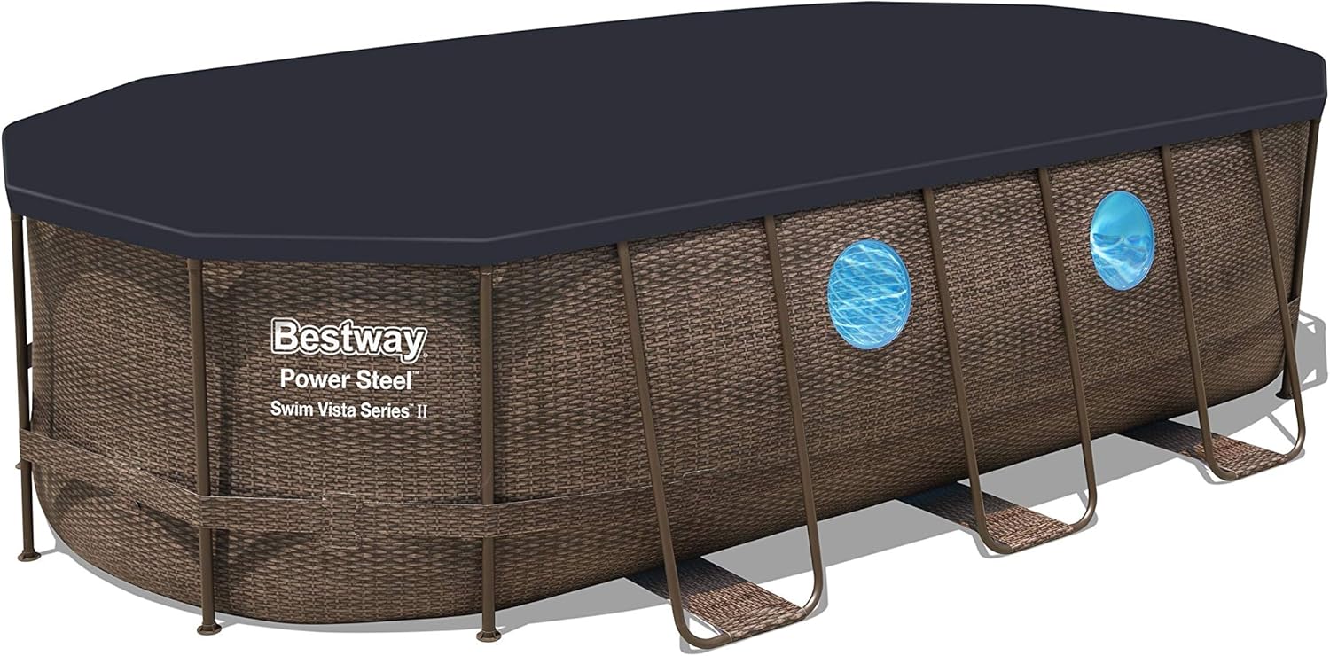 Bestway 56946 Piscine Power Steel™ Swim Vista ovale 488 x 305 x 107 cm motif rotin avec hublots, filtration à sable, échelle, bâche et diffuseur Chemconnect™